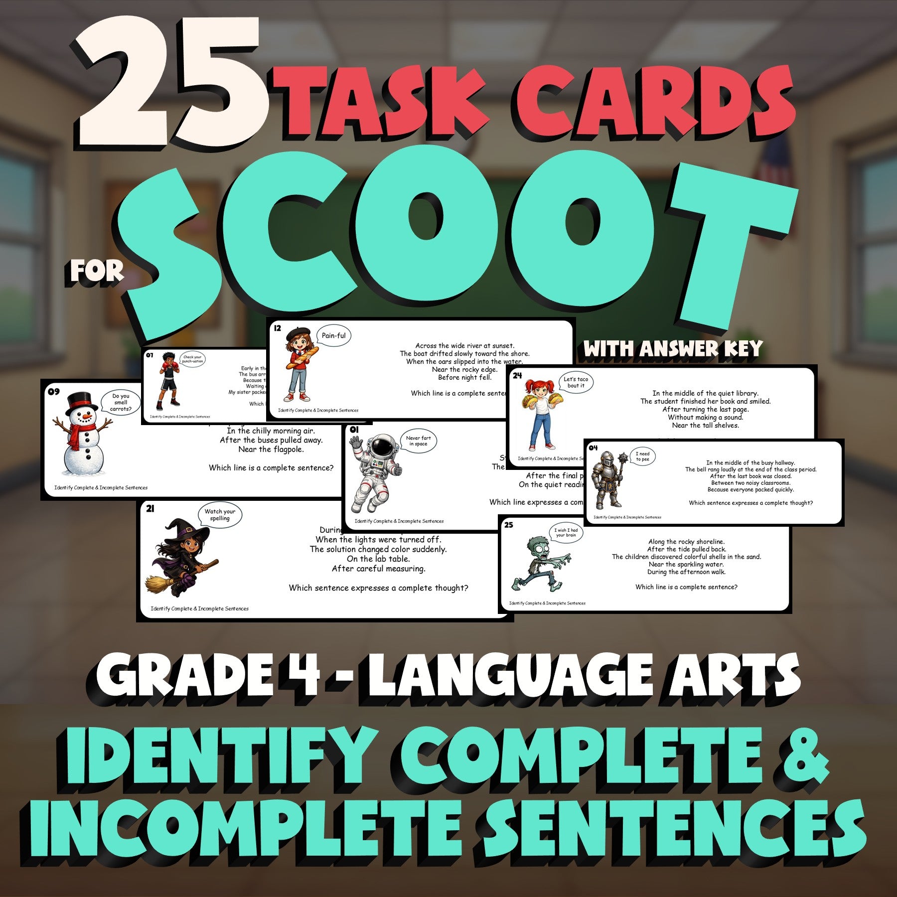 Identify Complete & Incomplete Sentences SCOOT TASK CARDS ELA Game - Grade 4