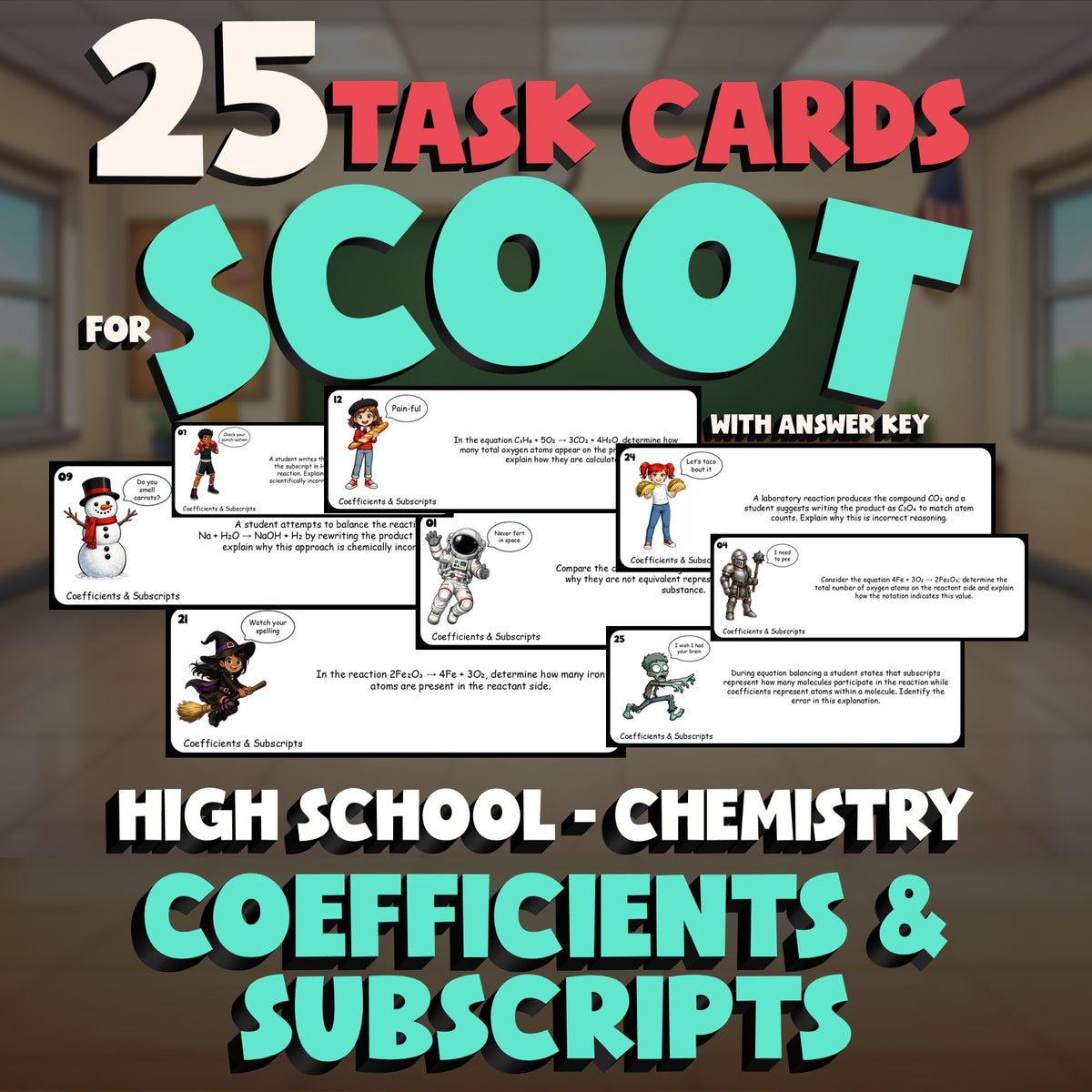 Coefficients & Subscripts SCOOT TASK CARDS Science Game - No Prep Chemistry