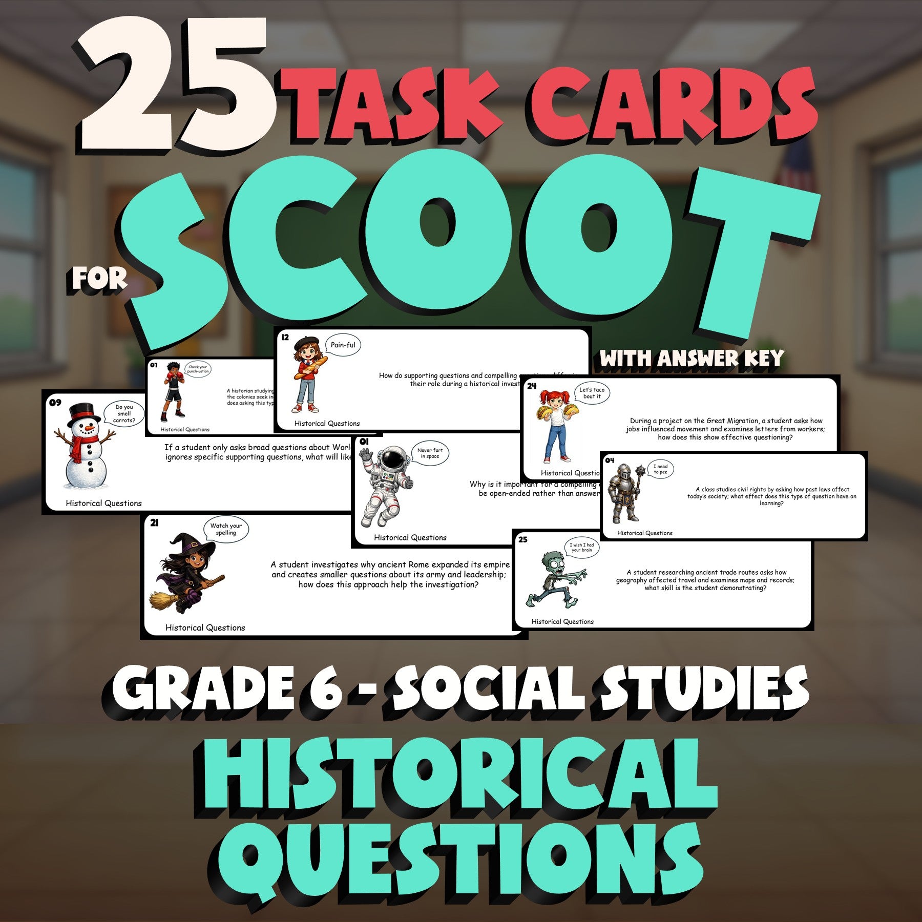 Historical Questions SCOOT TASK CARDS Socials Game - No Prep Grade 6 Review