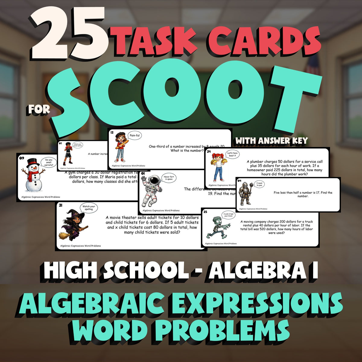 Algebraic Expressions Word Problems SCOOT TASK CARDS Math Game - Algebra 1