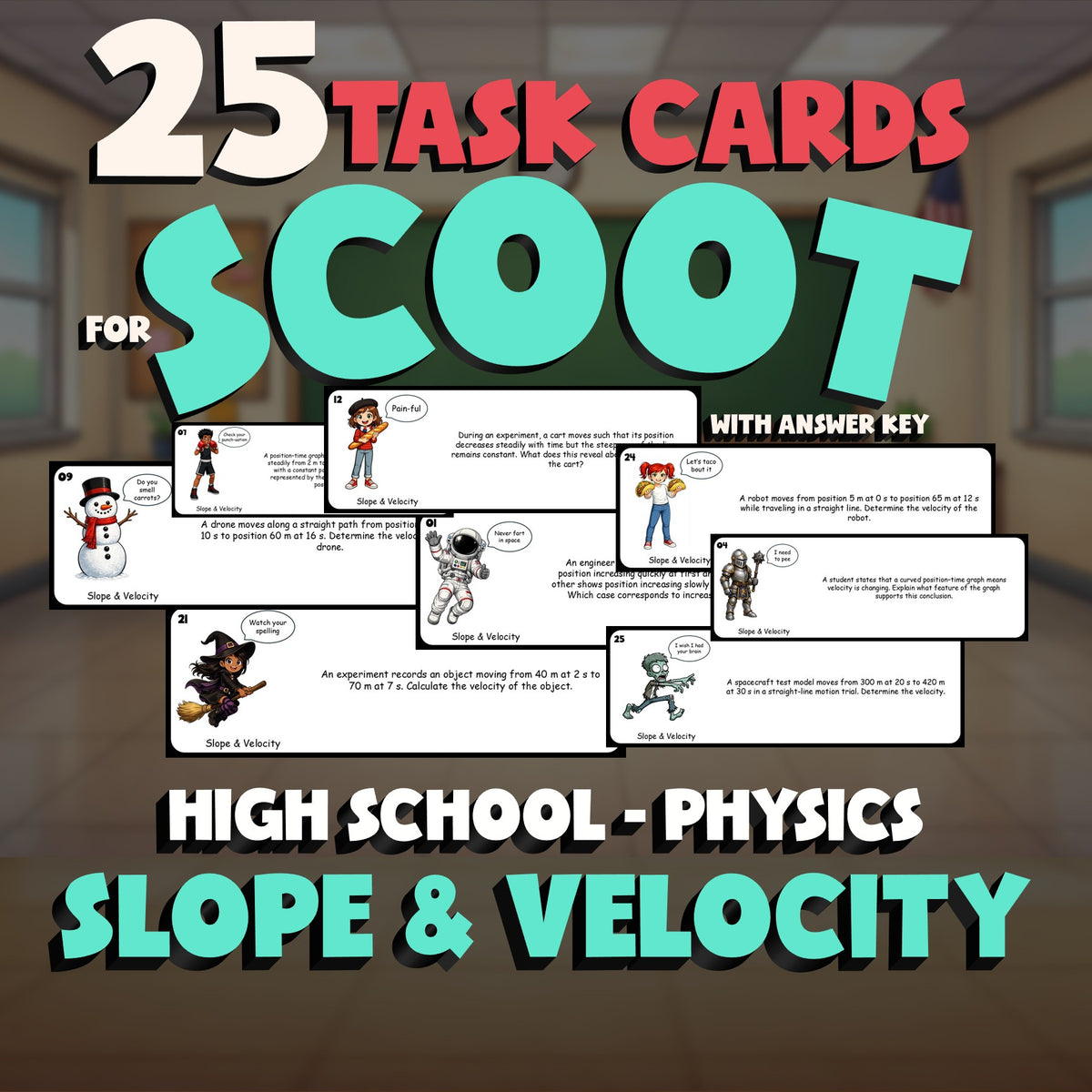 Slope & Velocity SCOOT TASK CARDS Science Game - No Prep Physics Review Activity