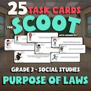 Purpose of Laws SCOOT TASK CARDS Socials Game - No Prep Grade 3 Review Activity