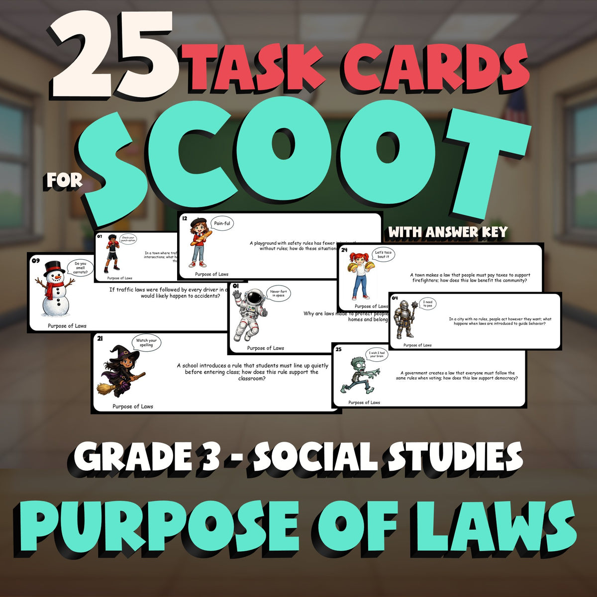 Purpose of Laws SCOOT TASK CARDS Socials Game - No Prep Grade 3 Review Activity