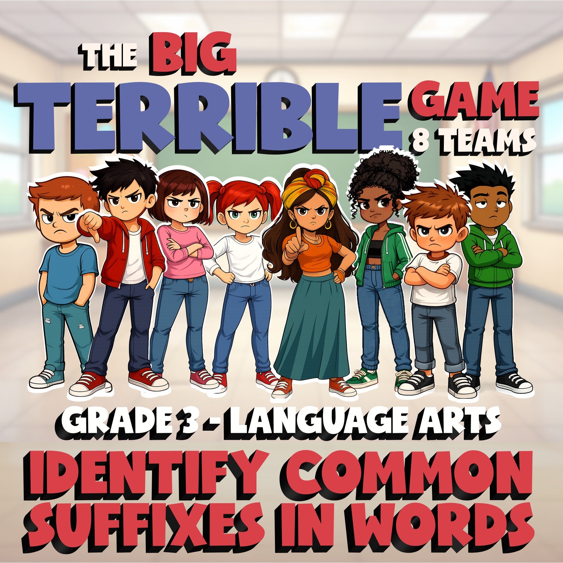 Identify Common Suffixes in Words BIG TERRIBLE GAME - No Prep Grade 3 ELA Review