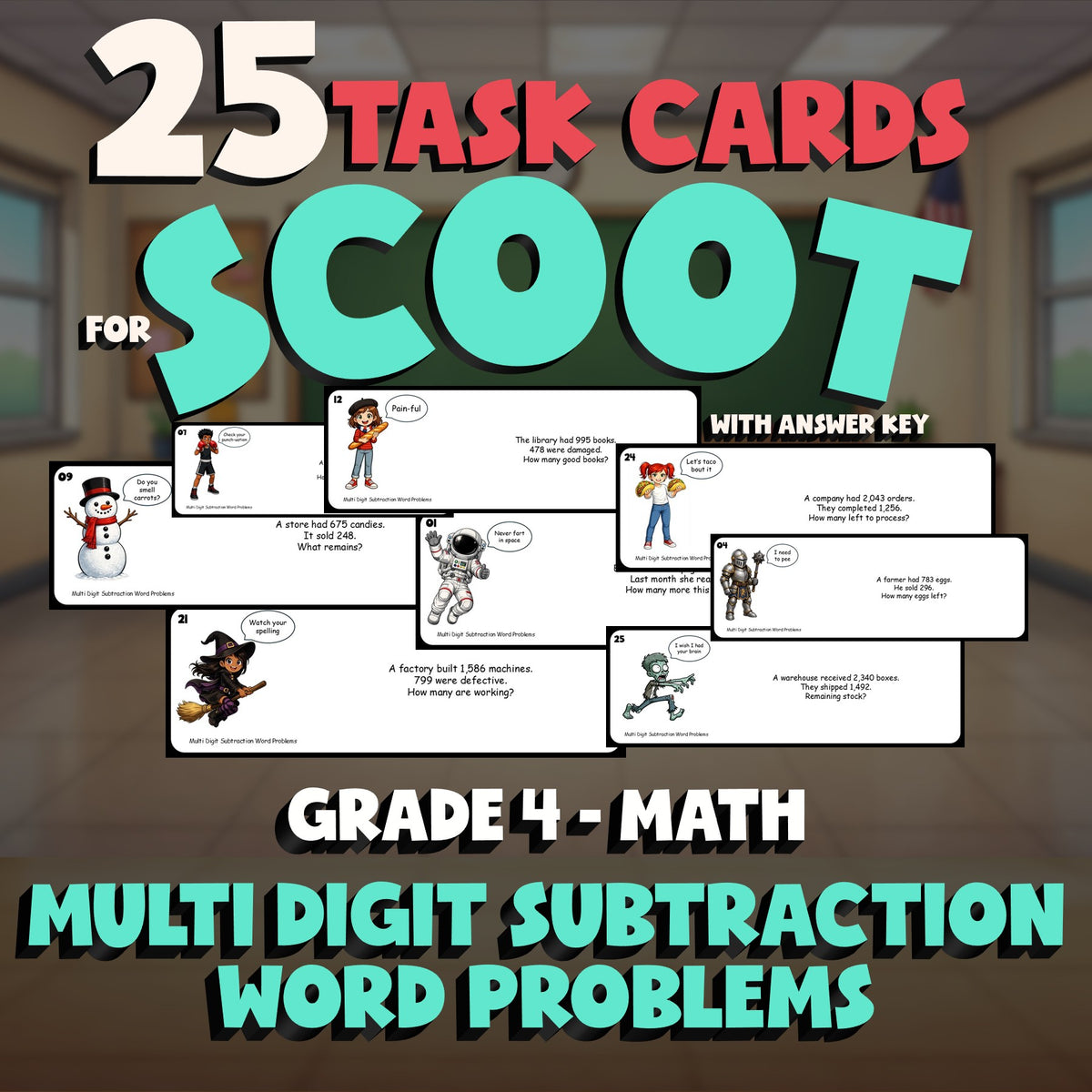 Multi Digit Subtraction Word Problems SCOOT TASK CARDS Math Game - Grade 4