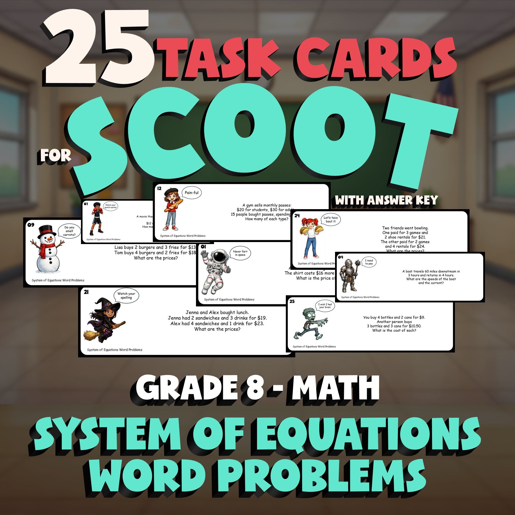 System of Equations Word Problems SCOOT TASK CARDS Math Game - No Prep Grade 8