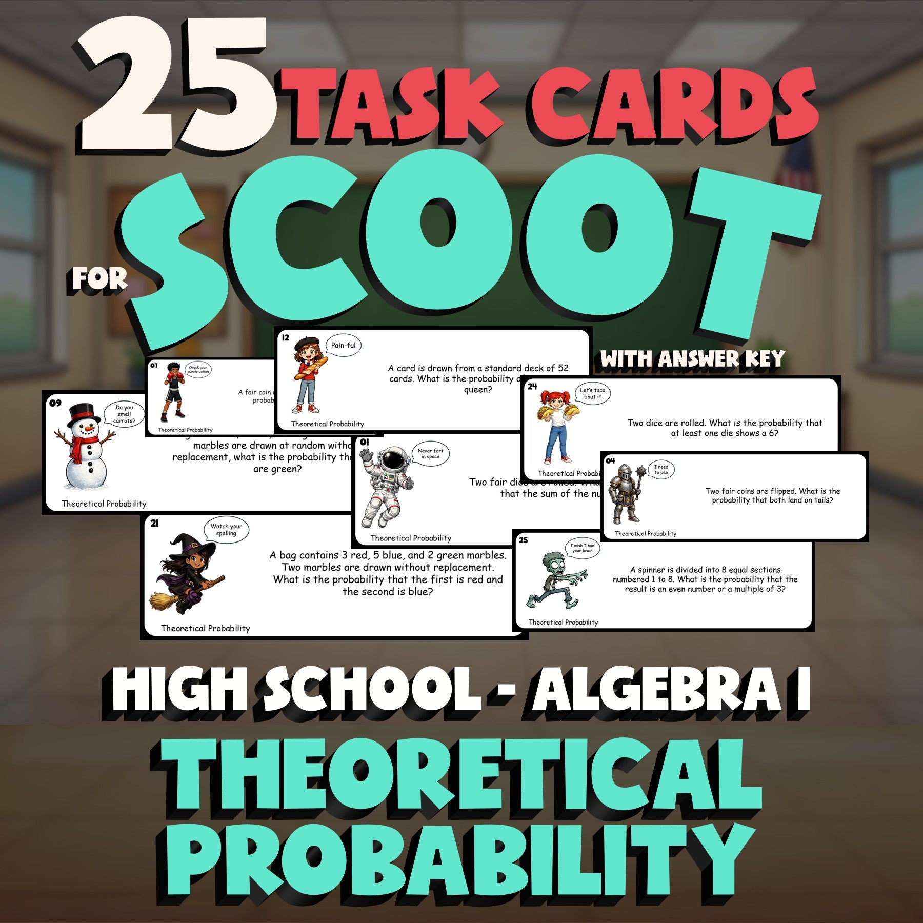 Theoretical Probability SCOOT TASK CARDS Math Game - No Prep Algebra 1 Review