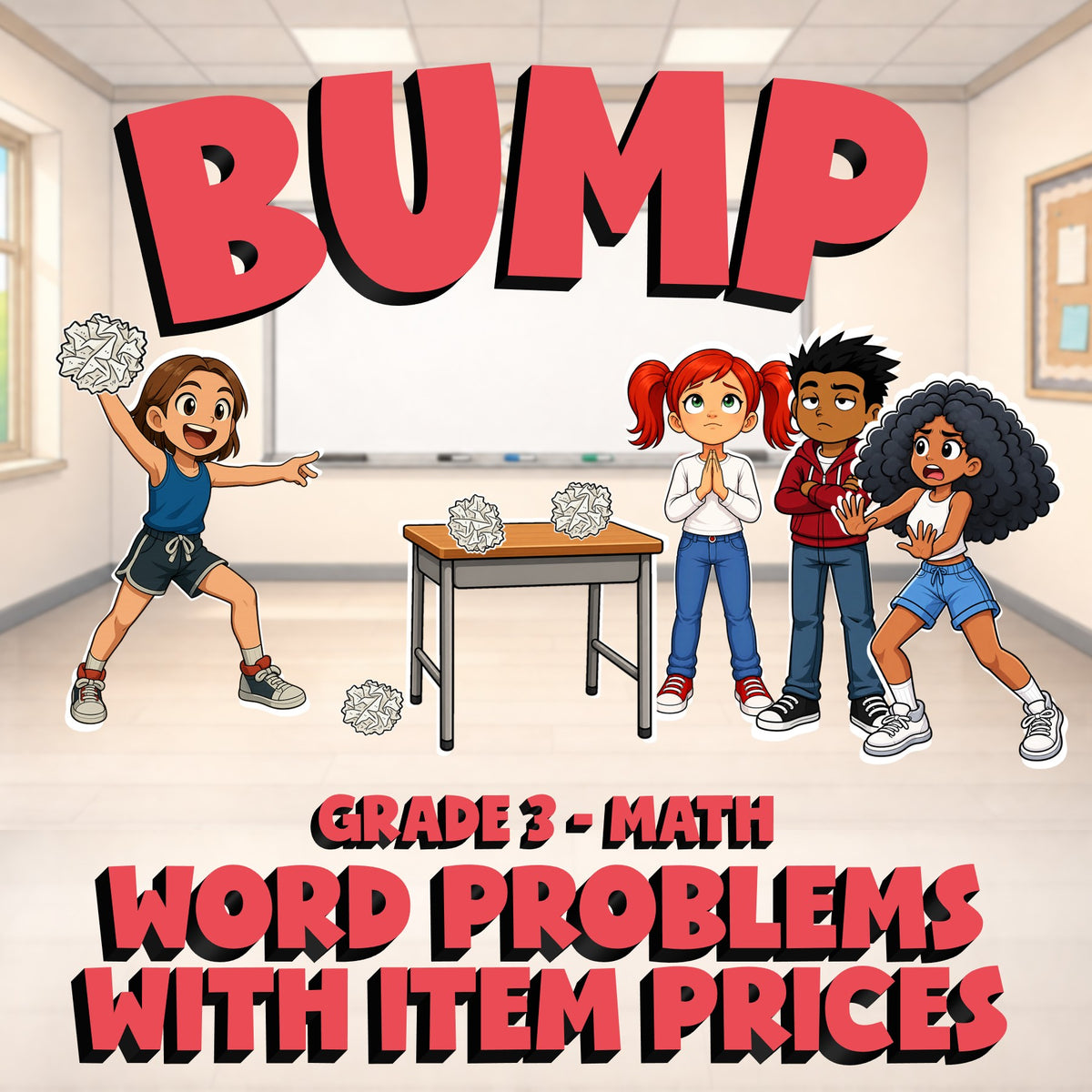 Word Problems with Item Prices BUMP Math Game - No Prep Grade 3 Review Activity