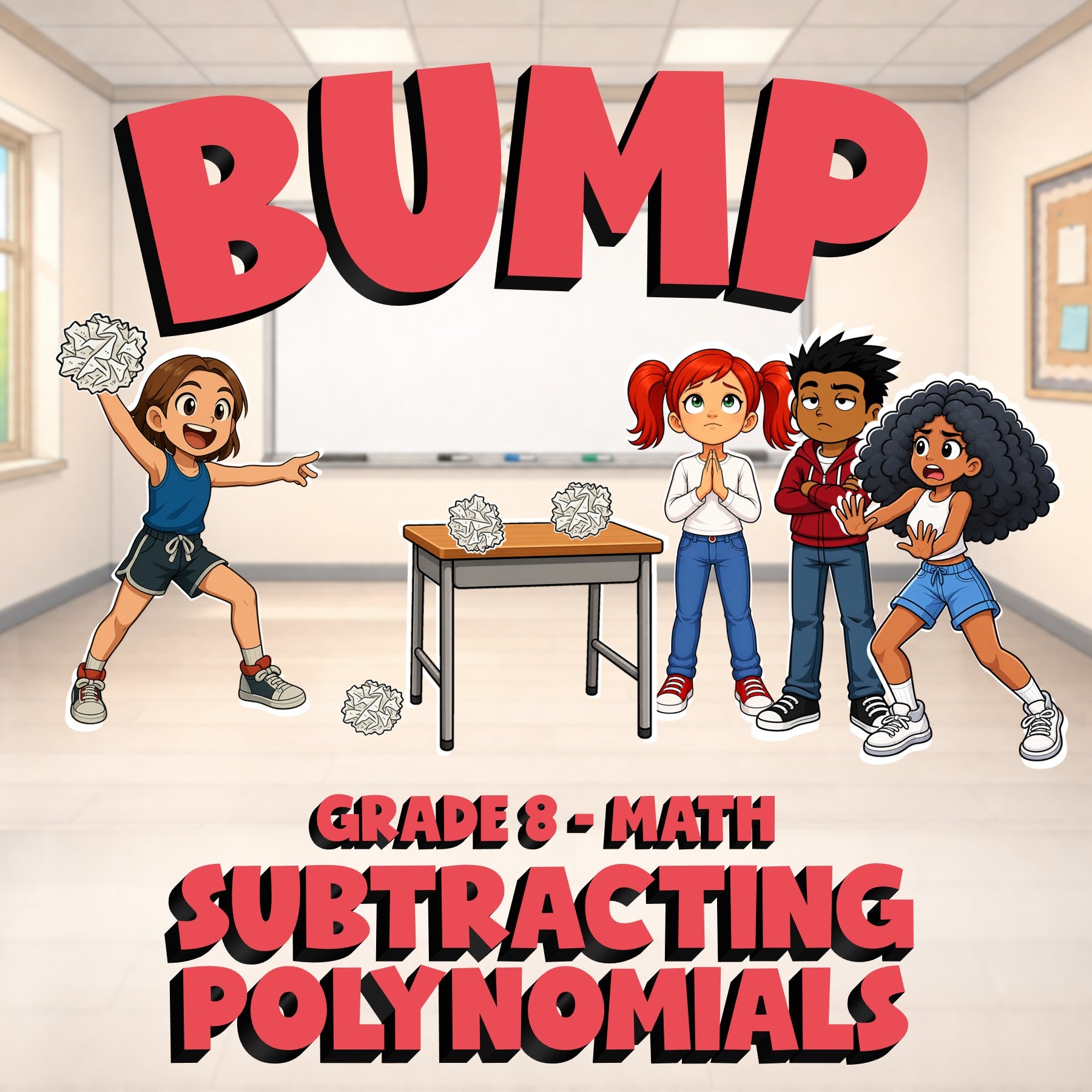 Subtracting Polynomials BUMP Math Game - No Prep Grade 8 Review Activity