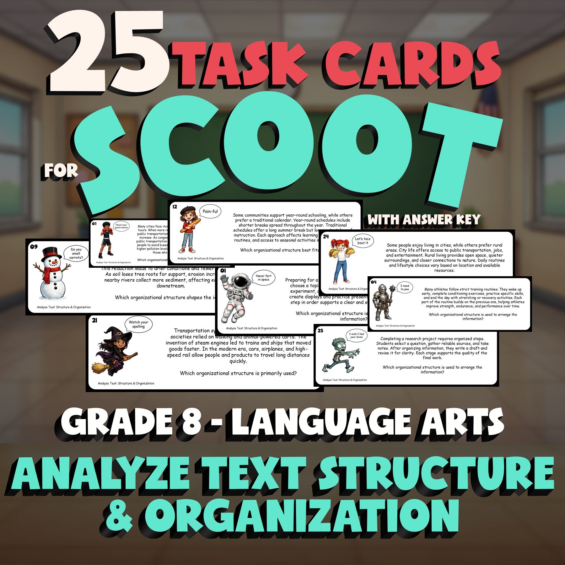 Analyze Text Structure & Organization SCOOT TASK CARDS ELA Game - Grade 8