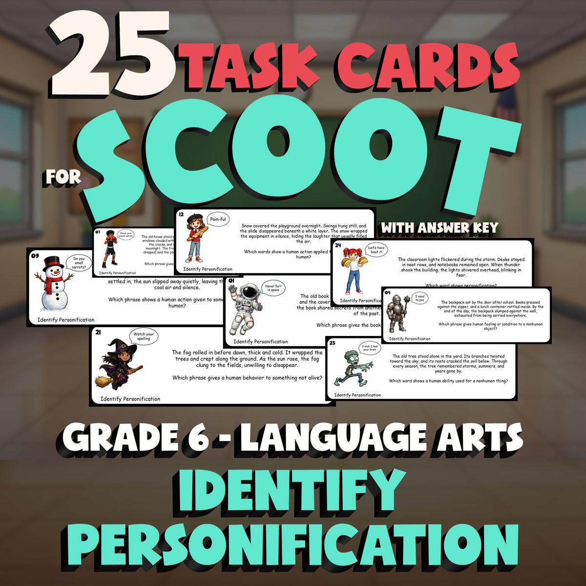 Identify Personification SCOOT TASK CARDS ELA Game - No Prep Grade 6 Review