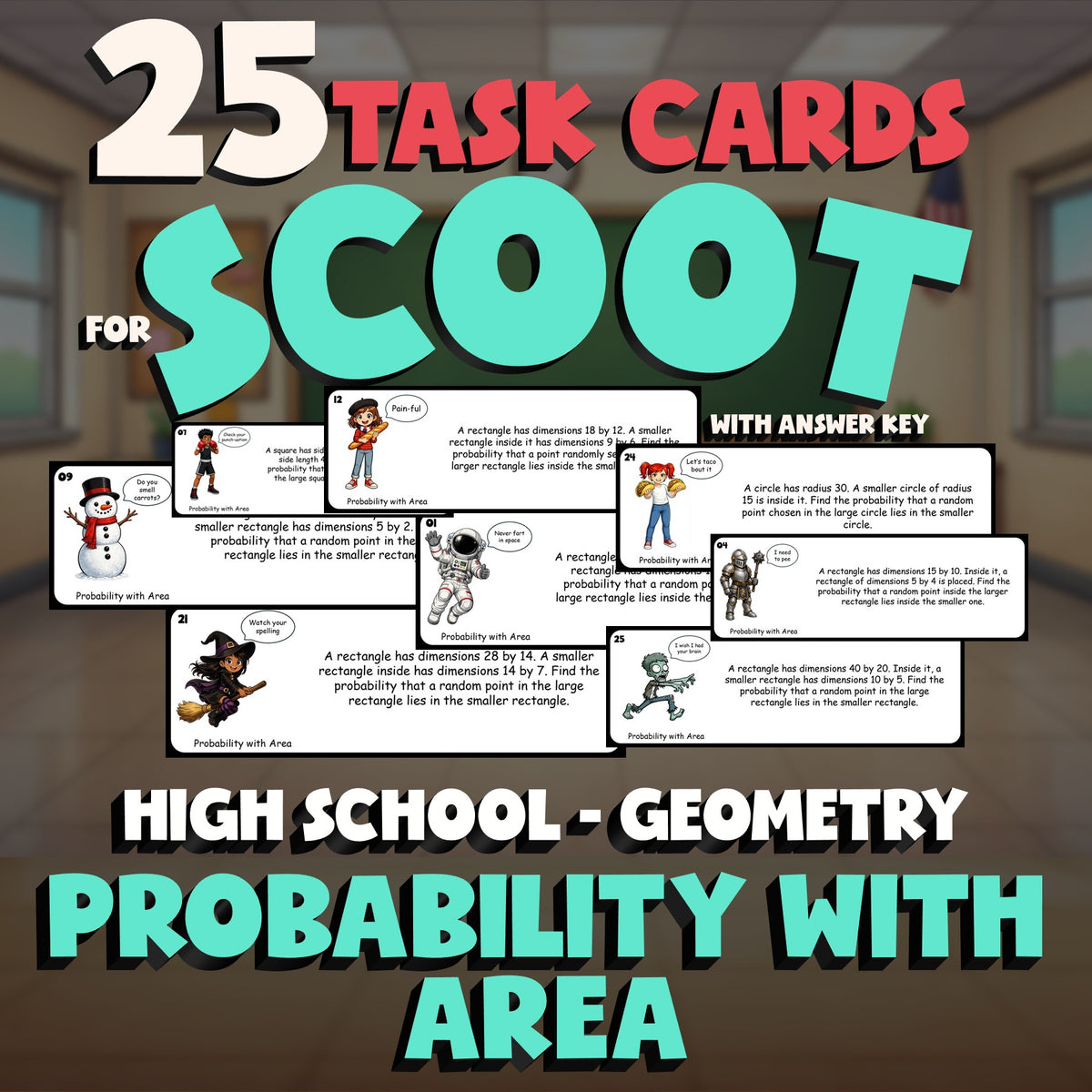 Probability with Area SCOOT TASK CARDS Math Game - No Prep Geometry Review