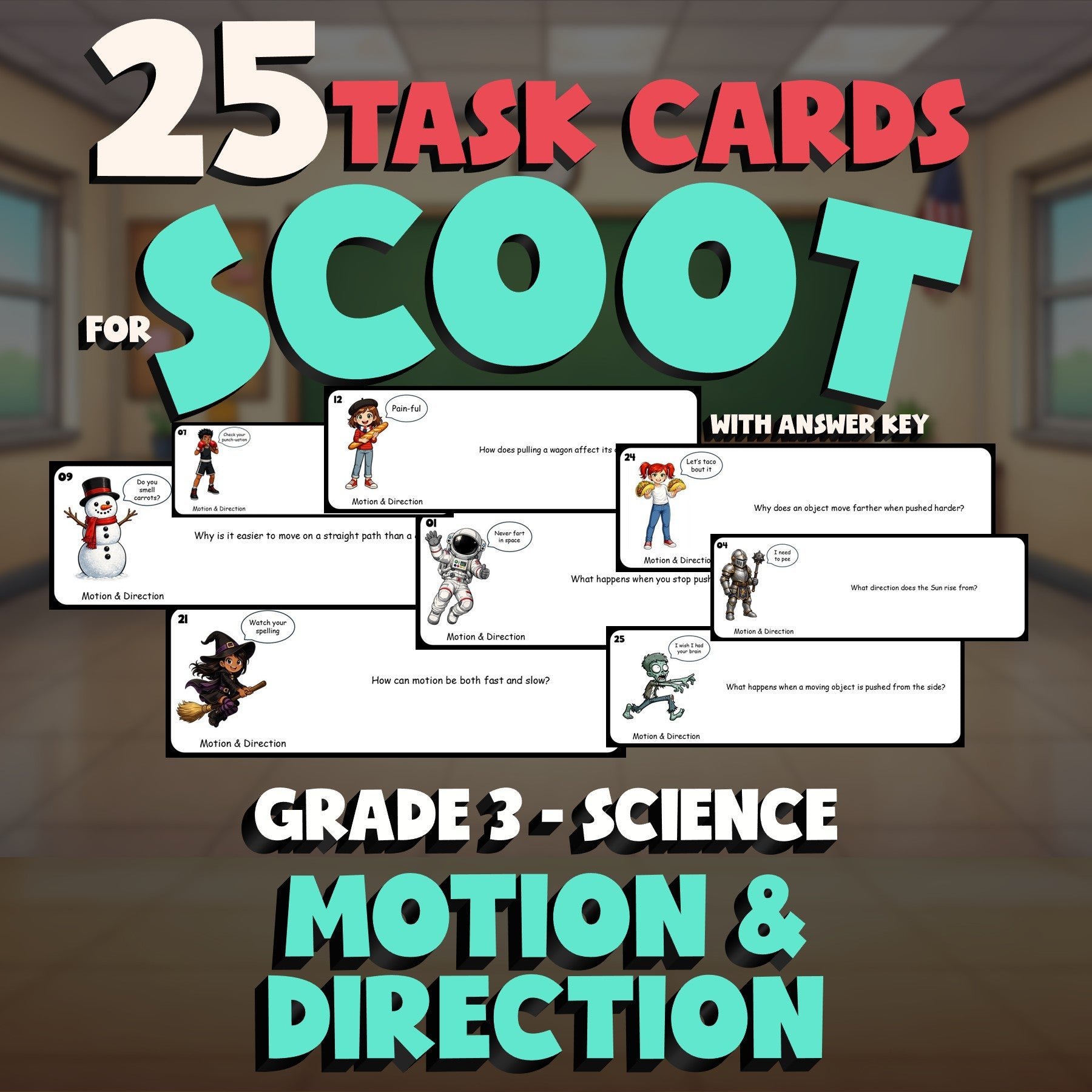 Motion & Direction SCOOT TASK CARDS Science Game - No Prep Grade 3 Review