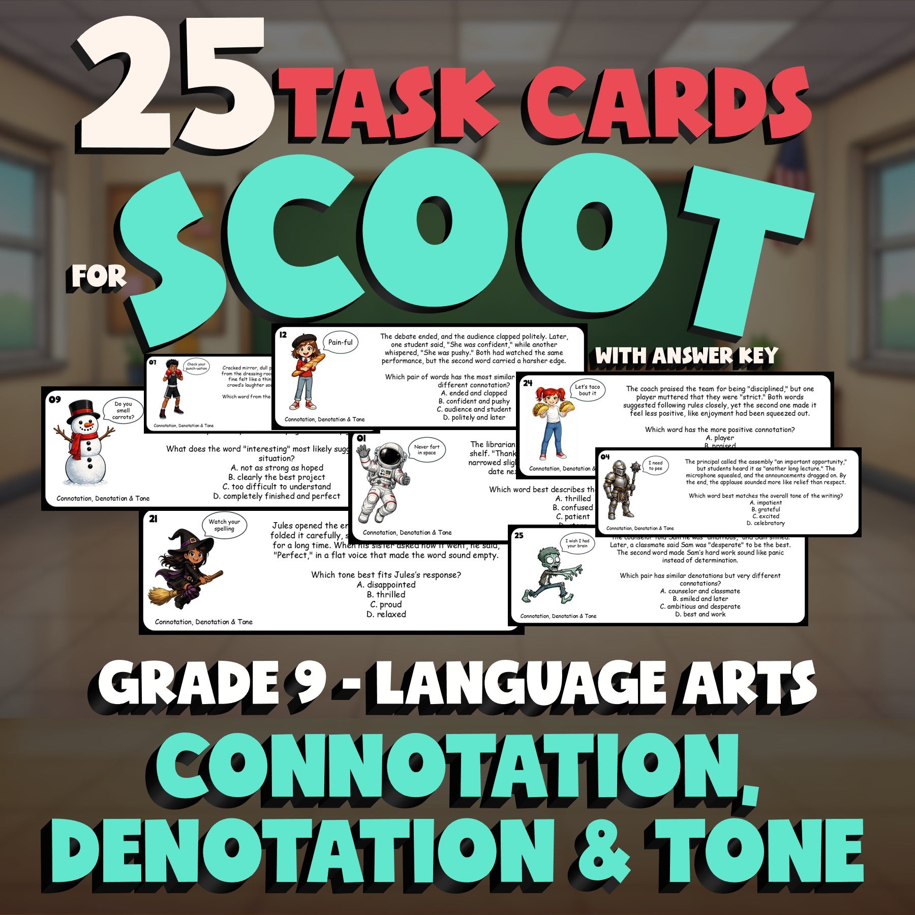 Connotation, Denotation & Tone SCOOT TASK CARDS ELA Game - No Prep Grade 9