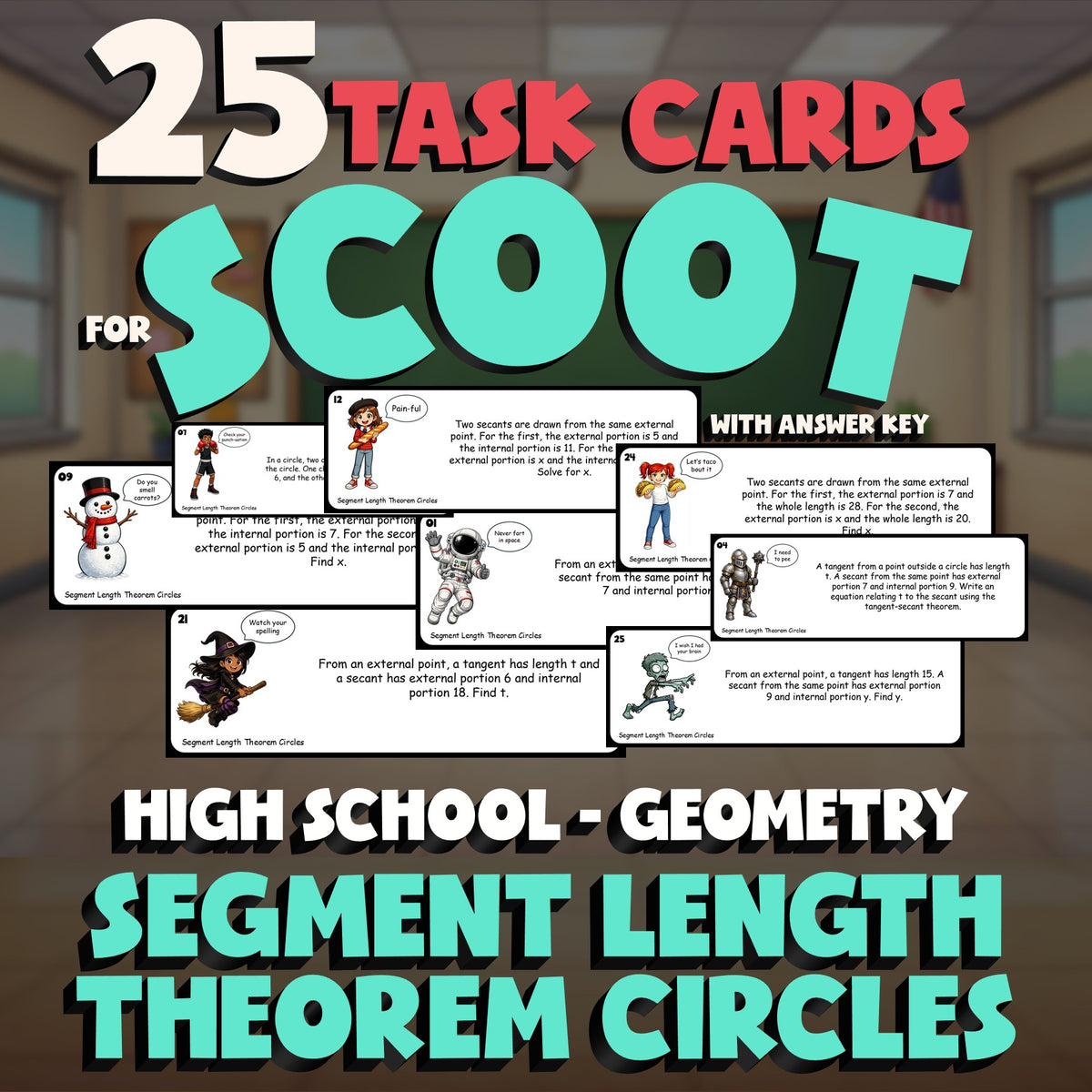 Segment Length Theorem Circles SCOOT TASK CARDS Math Game - No Prep Geometry