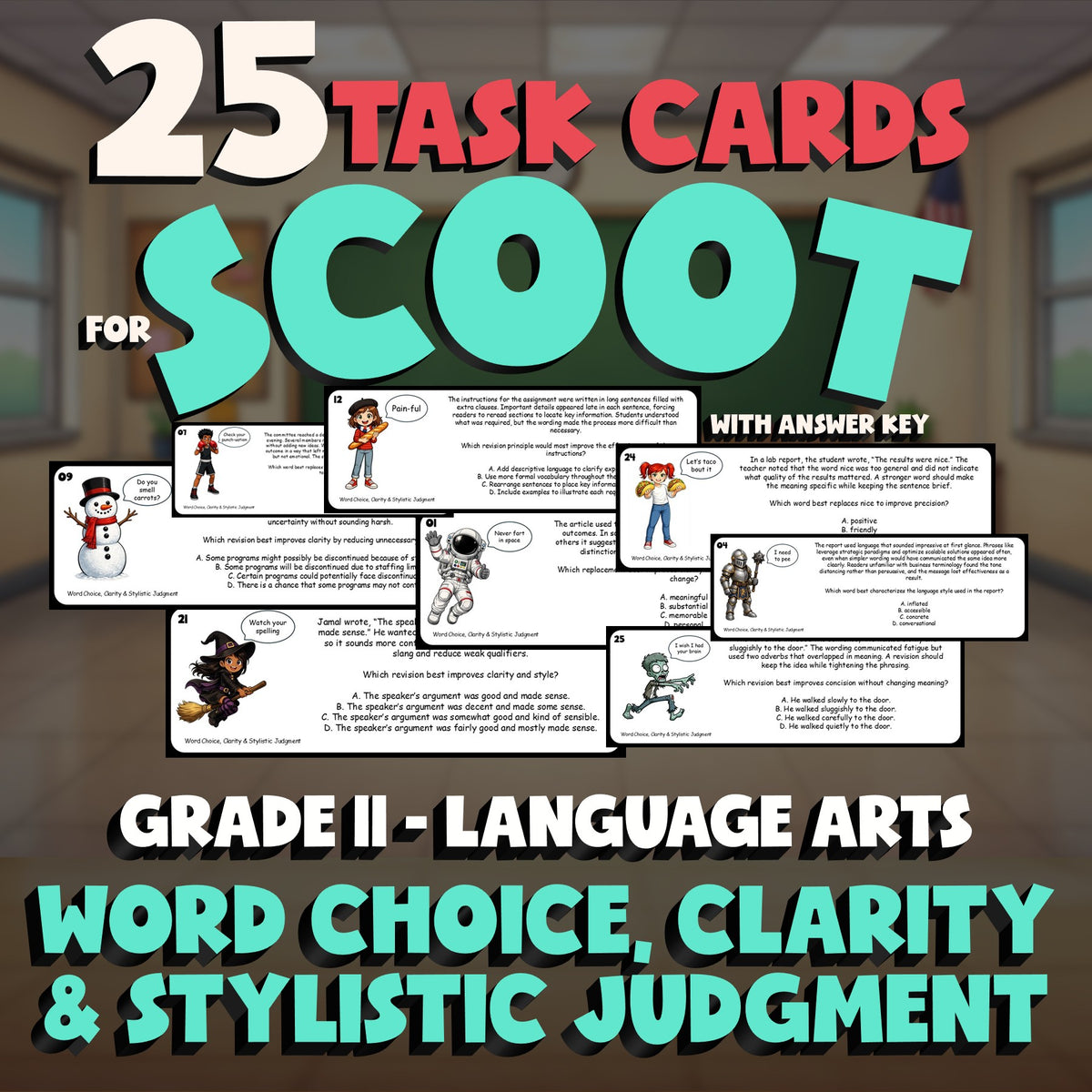 Word Choice, Clarity & Stylistic Judgment SCOOT TASK CARDS ELA Game - Grade 11