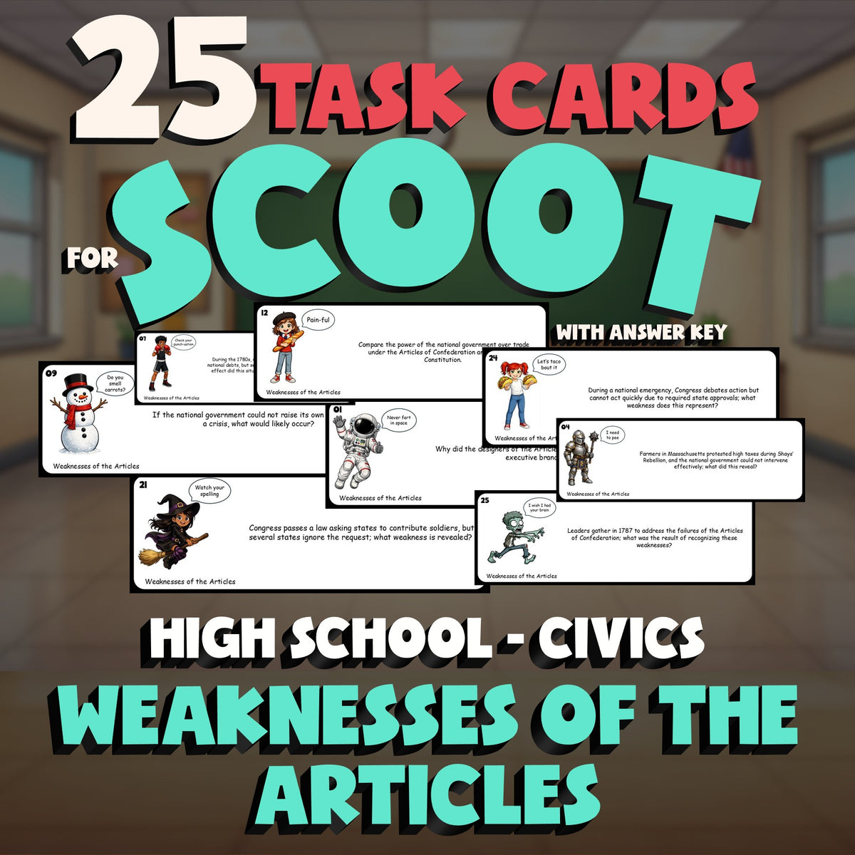 Weaknesses of the Articles SCOOT TASK CARDS Civics Game - No Prep Review