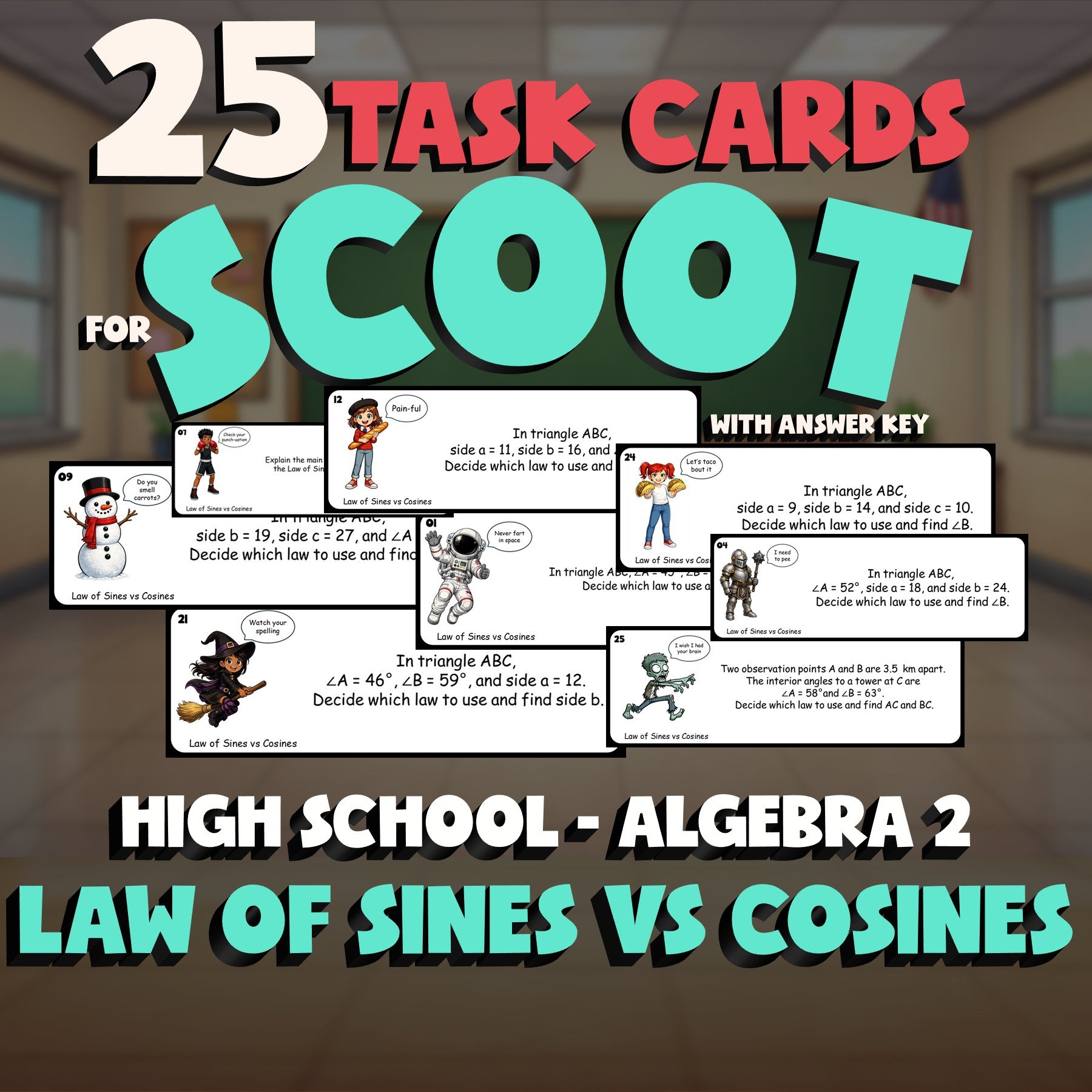 Law of Sines vs Cosines SCOOT TASK CARDS Math Game - No Prep Algebra 2 Review