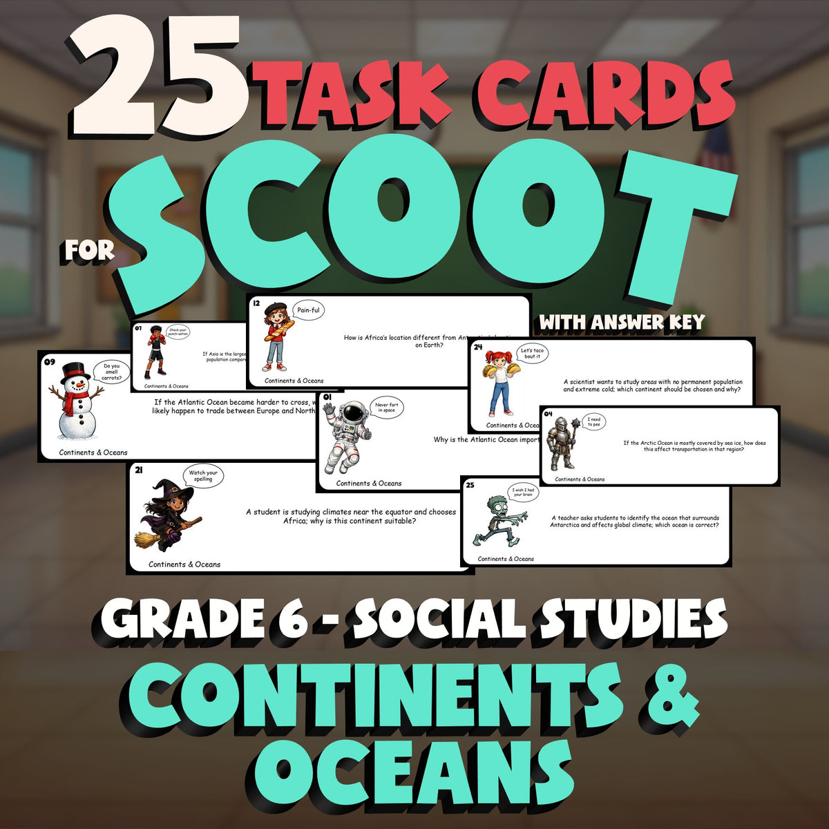Continents & Oceans SCOOT TASK CARDS Socials Game - No Prep Grade 6 Review