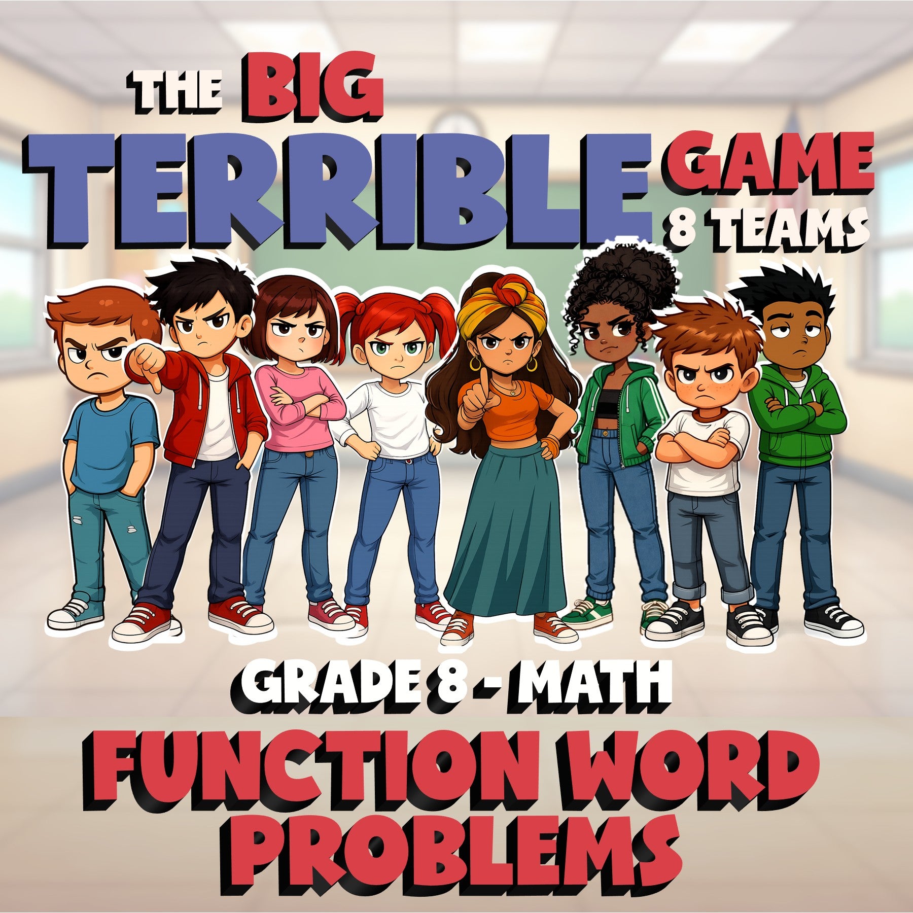 Function Word Problems BIG TERRIBLE GAME - No Prep Grade 8 Math Review Activity