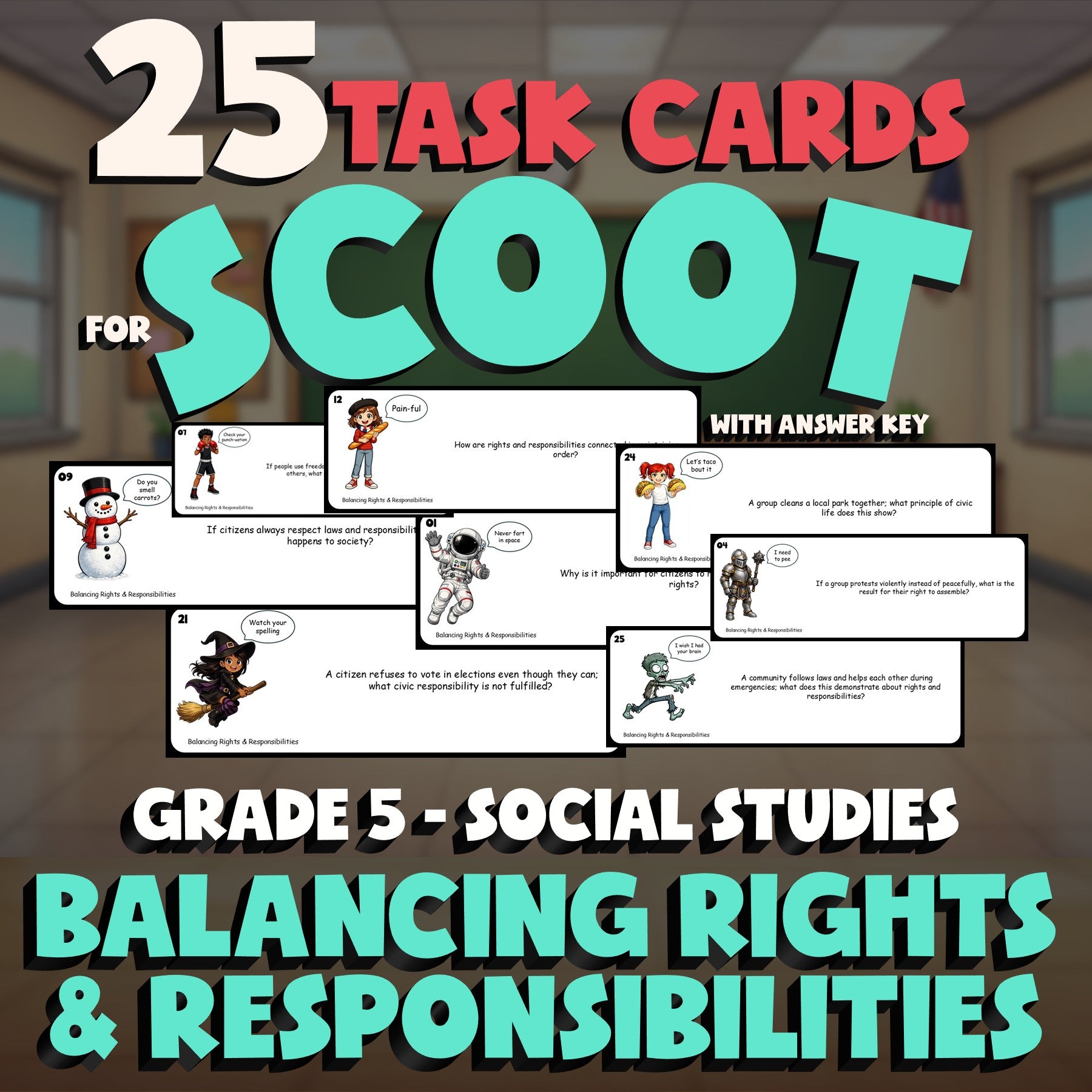 Balancing Rights & Responsibilities SCOOT TASK CARDS Socials Game - Grade 5