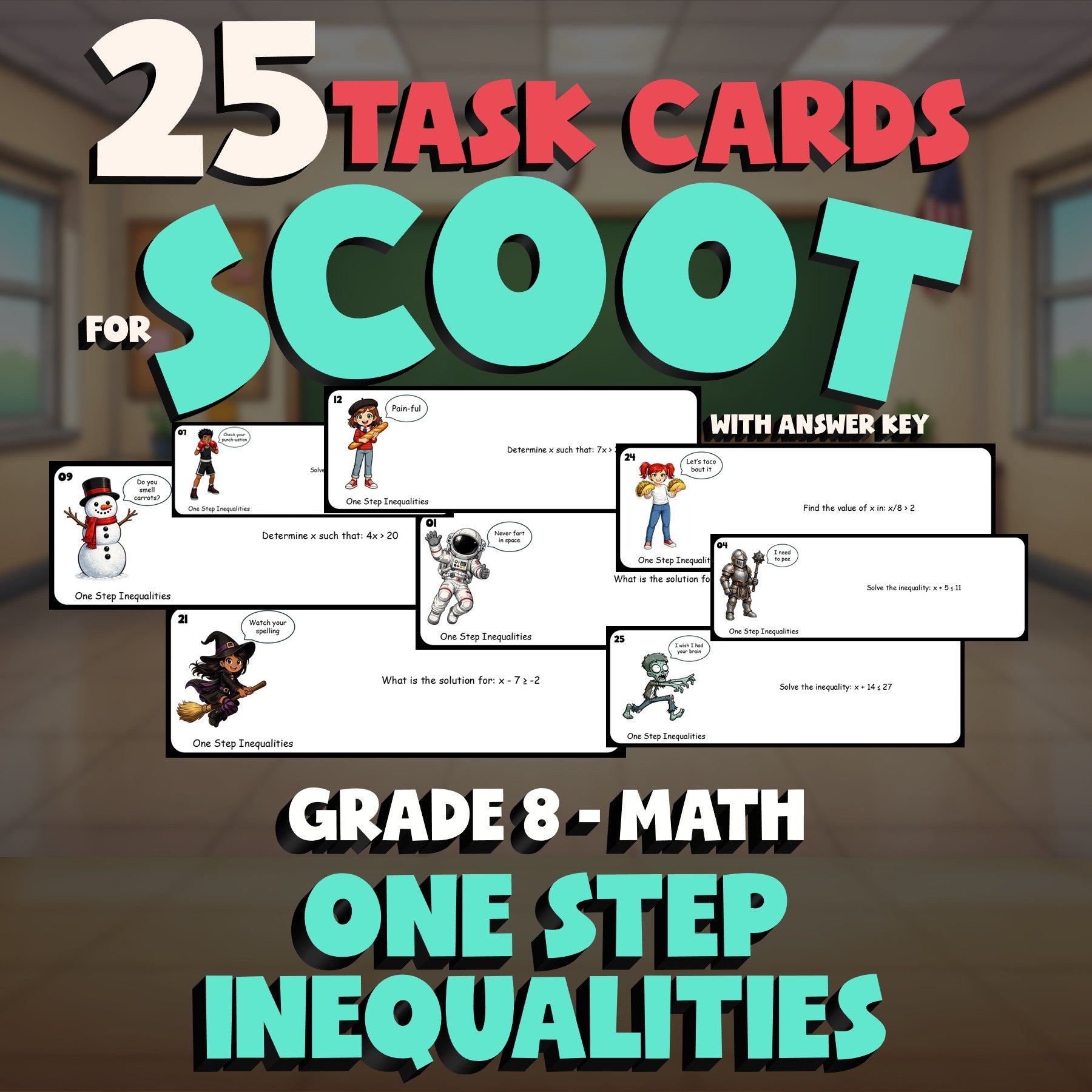One Step Inequalities SCOOT TASK CARDS Math Game - No Prep Grade 8 Review