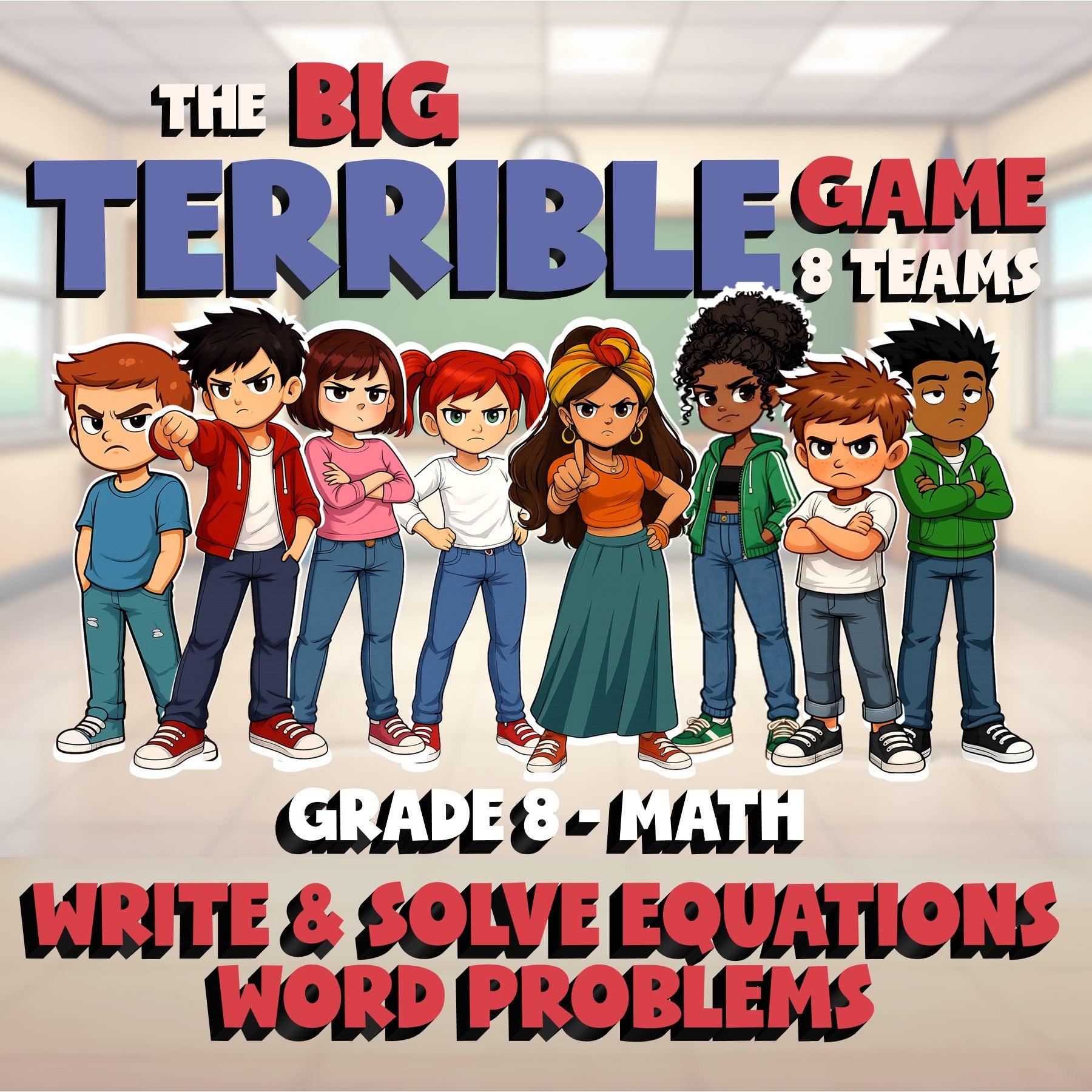 Write & Solve Equations Word Problems BIG TERRIBLE GAME - Grade 8 Math Review