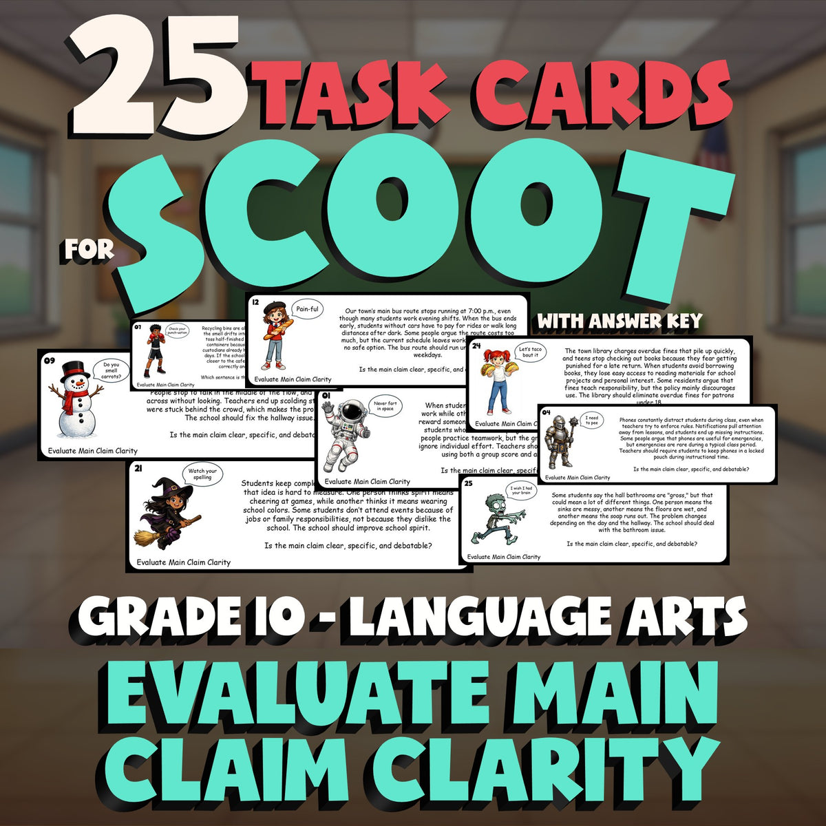 Evaluate Main Claim Clarity SCOOT TASK CARDS ELA Game - No Prep Grade 10 Review