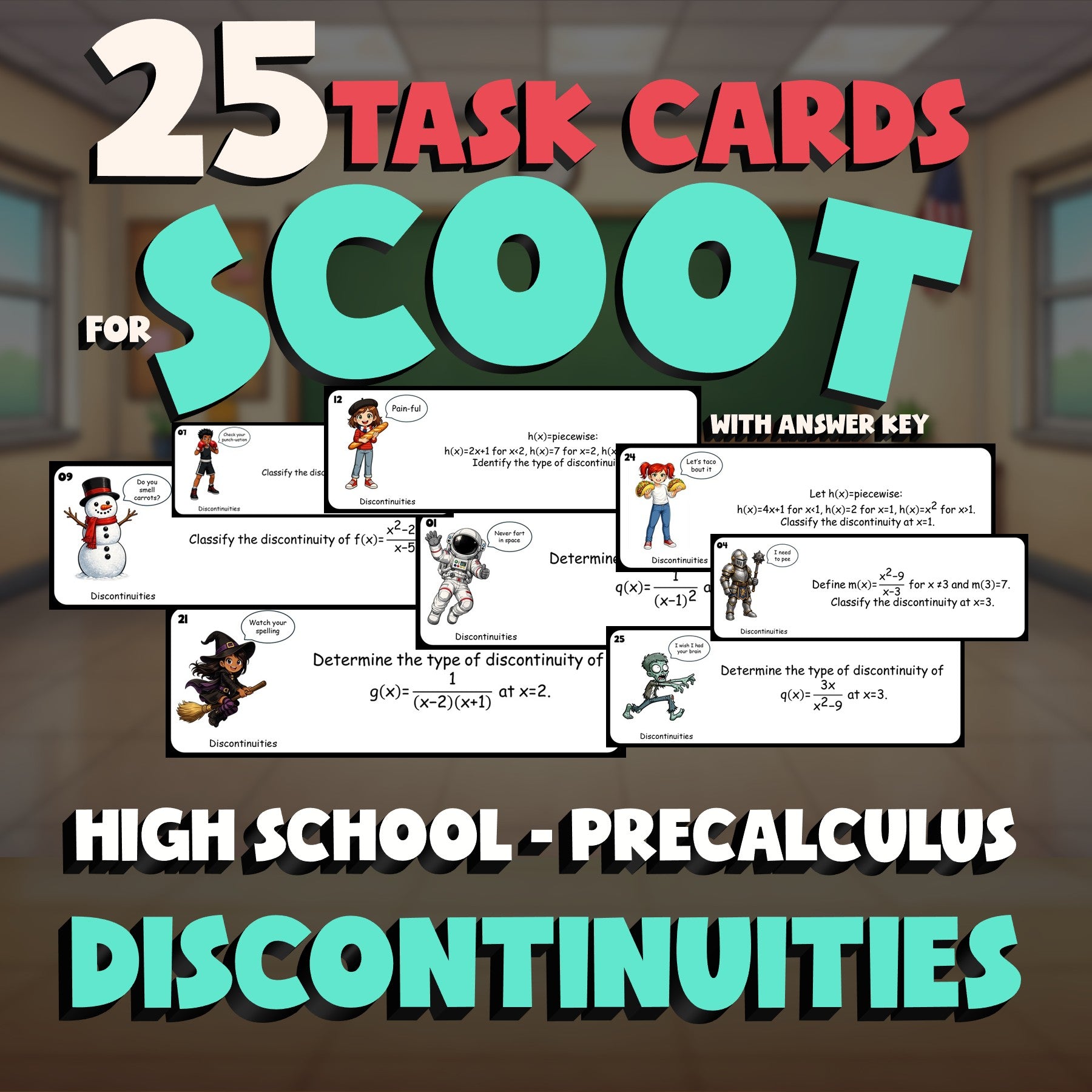 Discontinuities SCOOT TASK CARDS Math Game - No Prep PreCalculus Review Activity