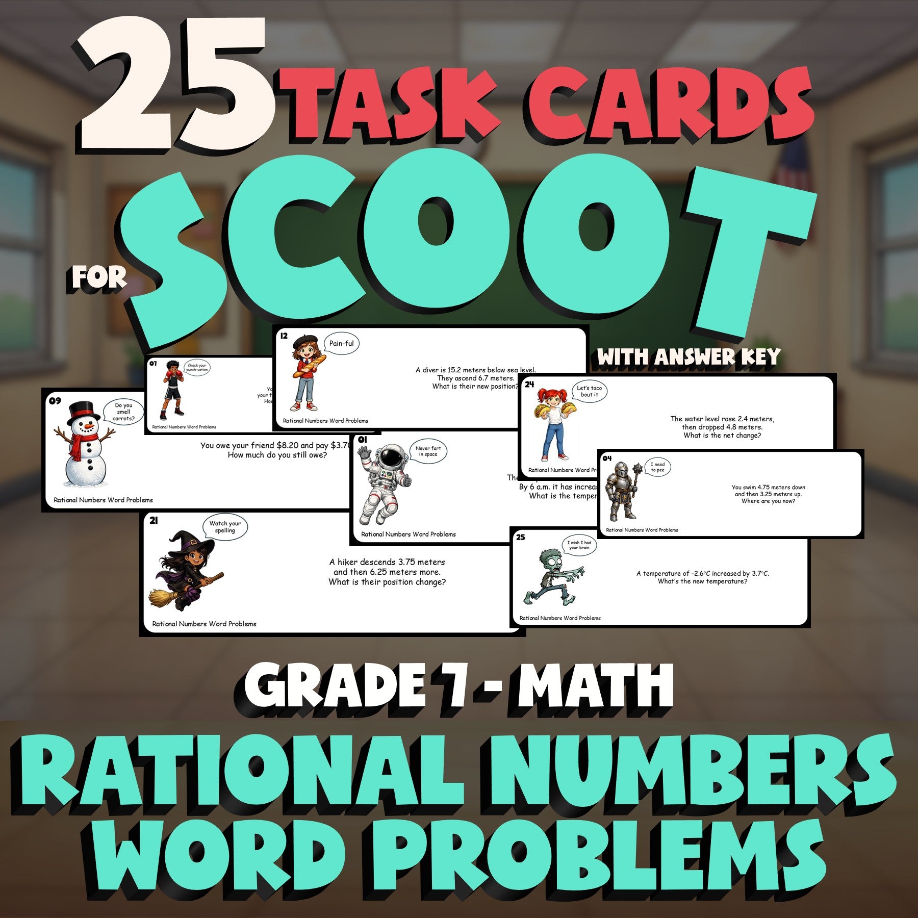 Rational Numbers Word Problems SCOOT TASK CARDS Math Game - No Prep Grade 7