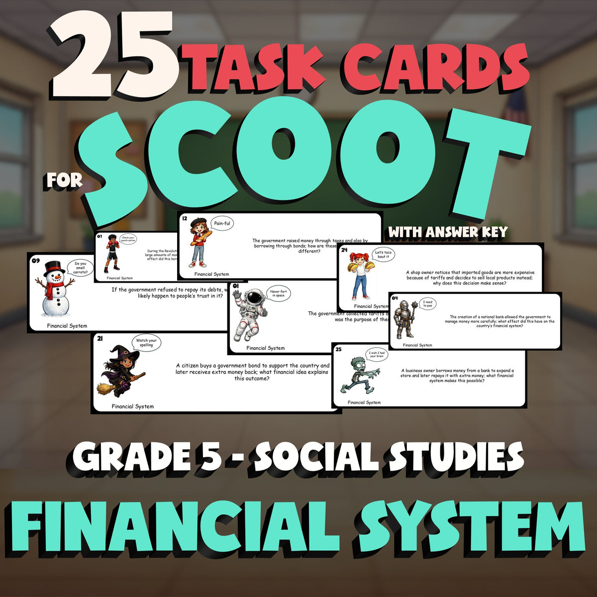 Financial System SCOOT TASK CARDS Socials Game - No Prep Grade 5 Review Activity
