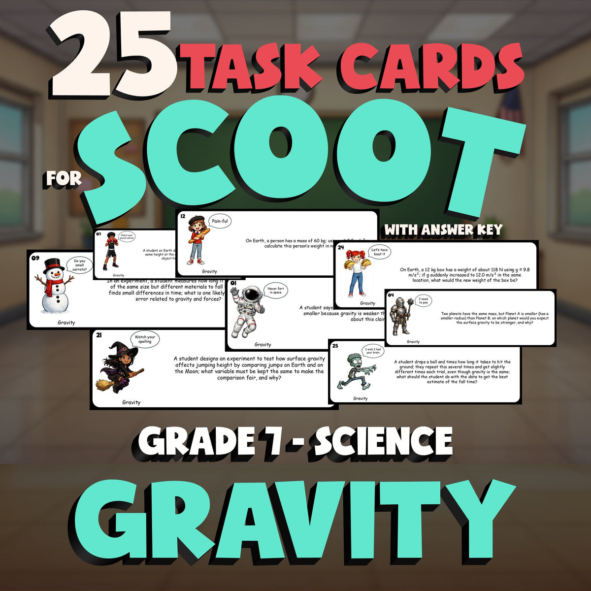 Gravity SCOOT TASK CARDS Science Game - No Prep Grade 7 Review Activity