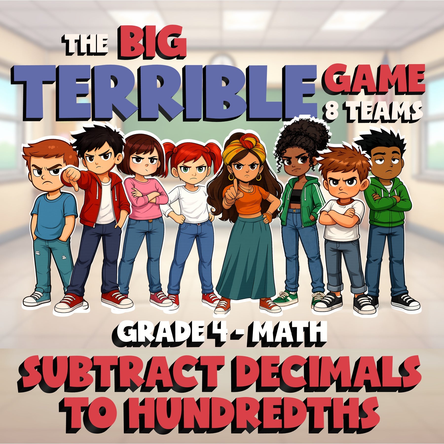 Subtract Decimals to Hundredths BIG TERRIBLE GAME - No Prep Grade 4 Math Review