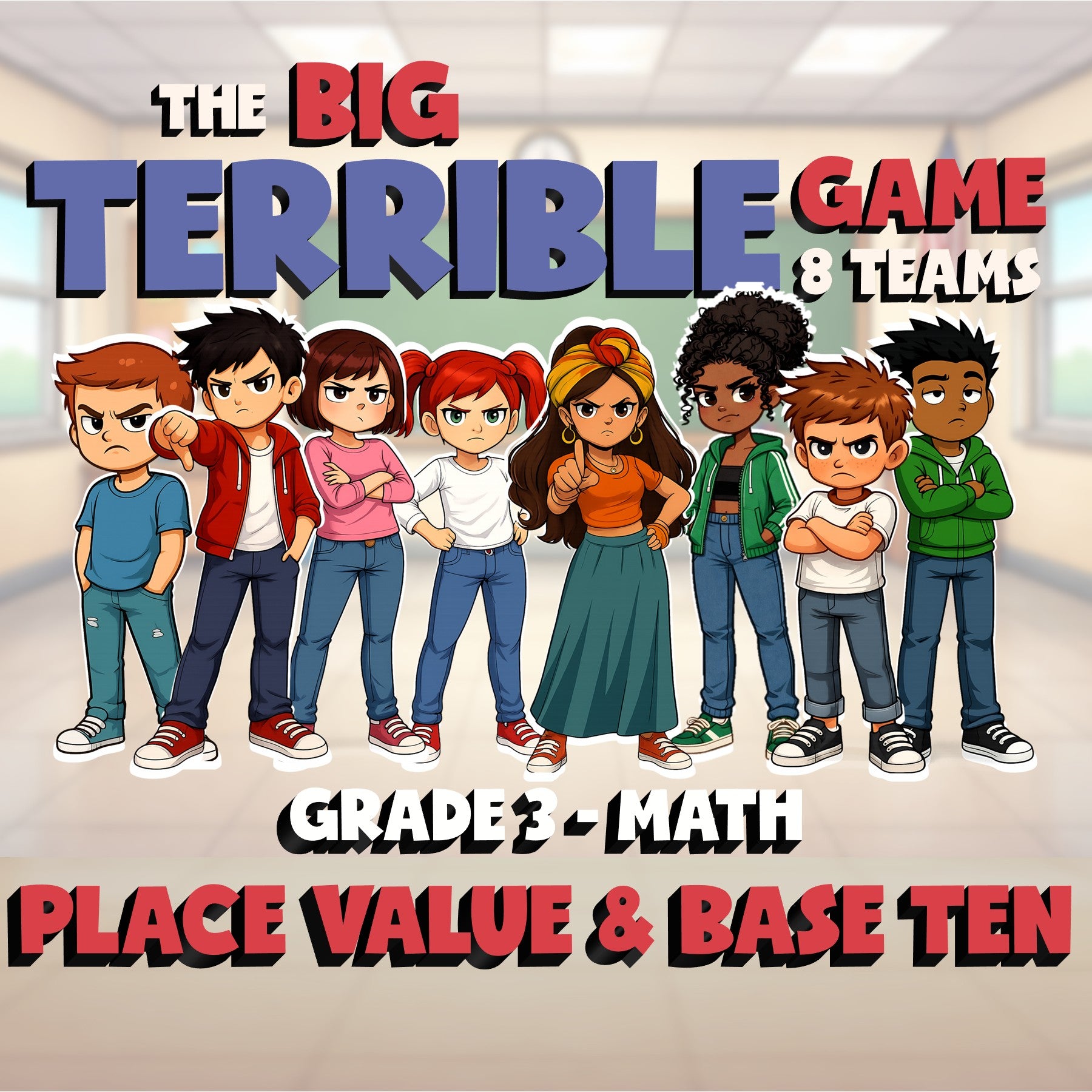 Place Value & Base Ten BIG TERRIBLE GAME - No Prep Grade 3 Math Review Activity