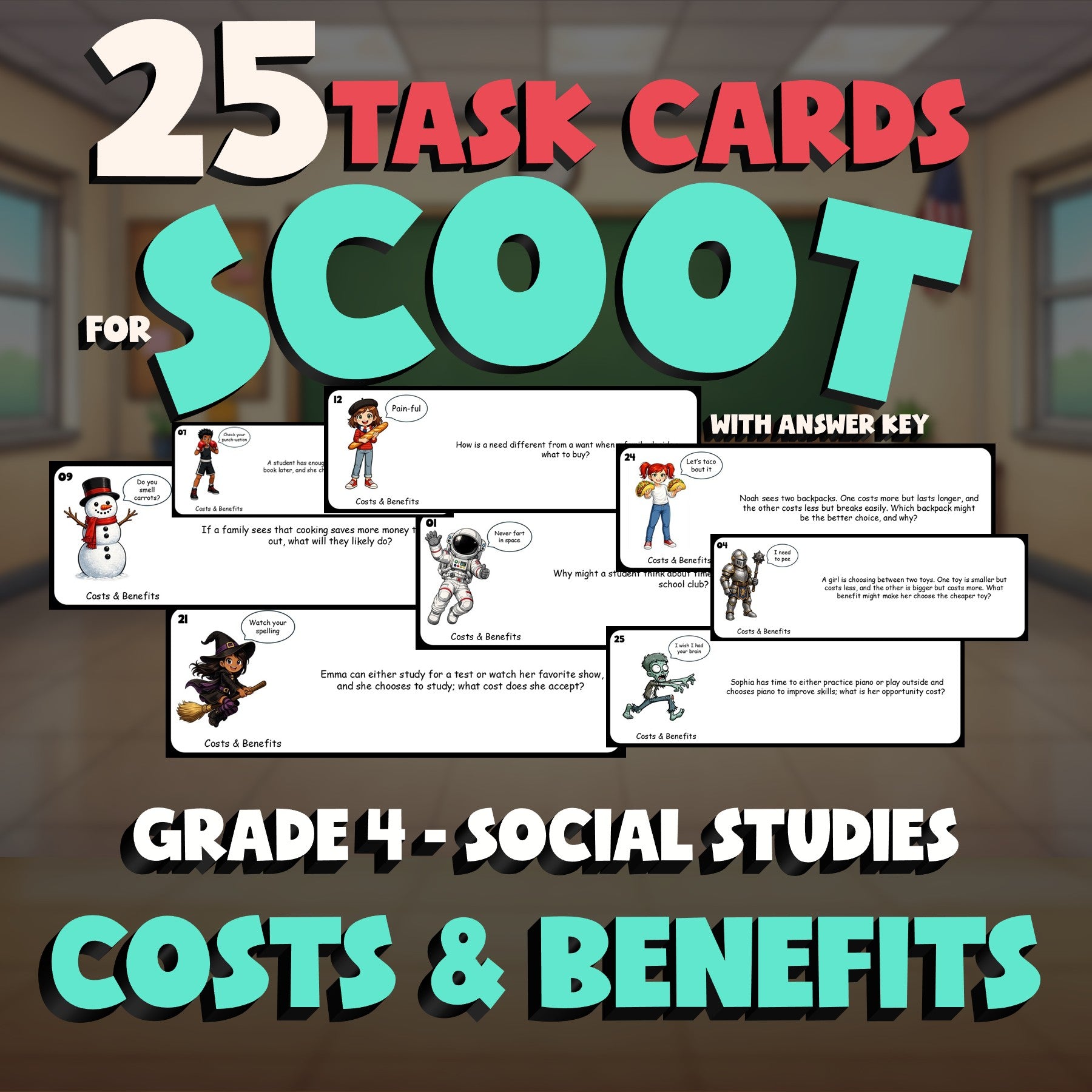 Costs & Benefits SCOOT TASK CARDS Socials Game - No Prep Grade 4 Review Activity
