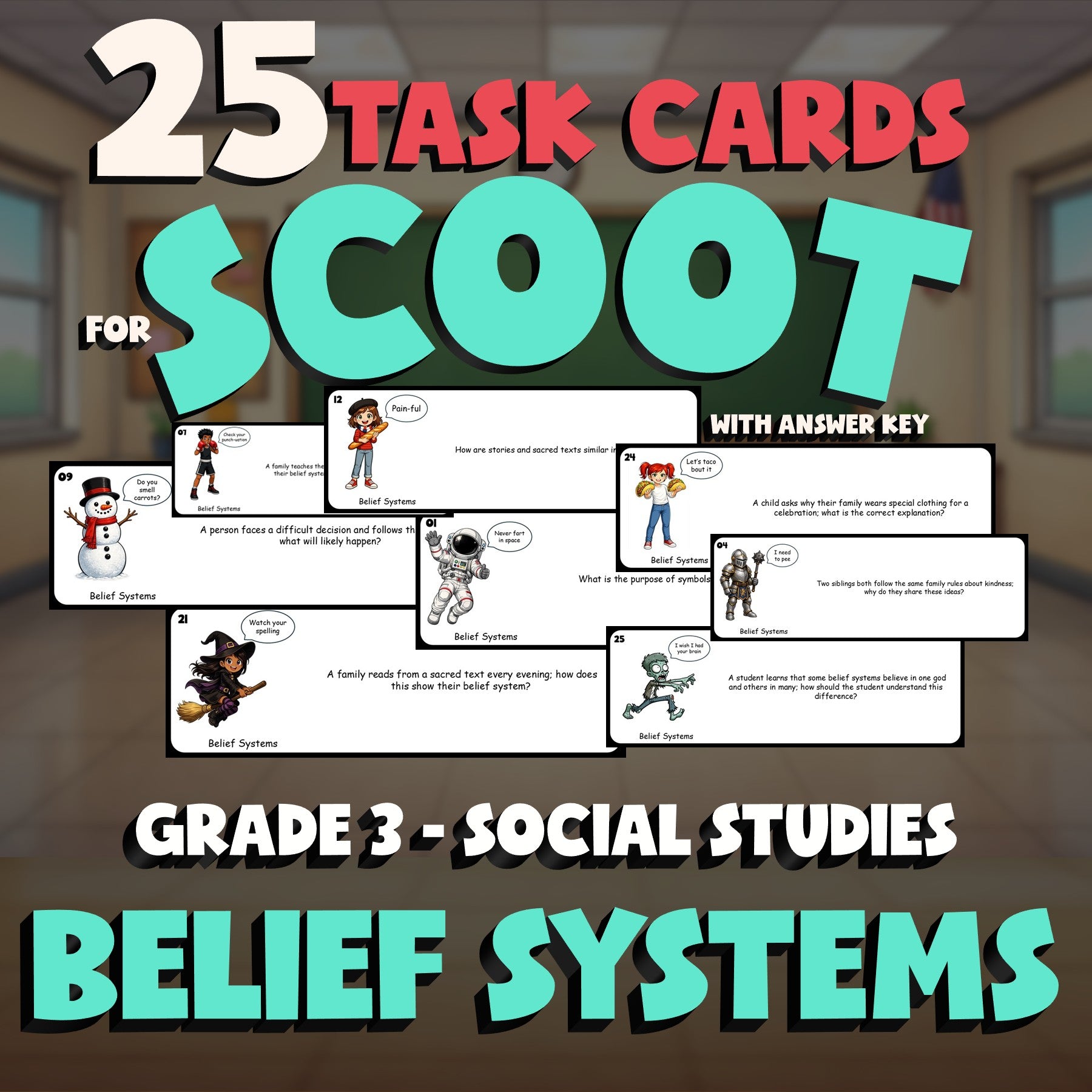 Belief Systems SCOOT TASK CARDS Socials Game - No Prep Grade 3 Review Activity