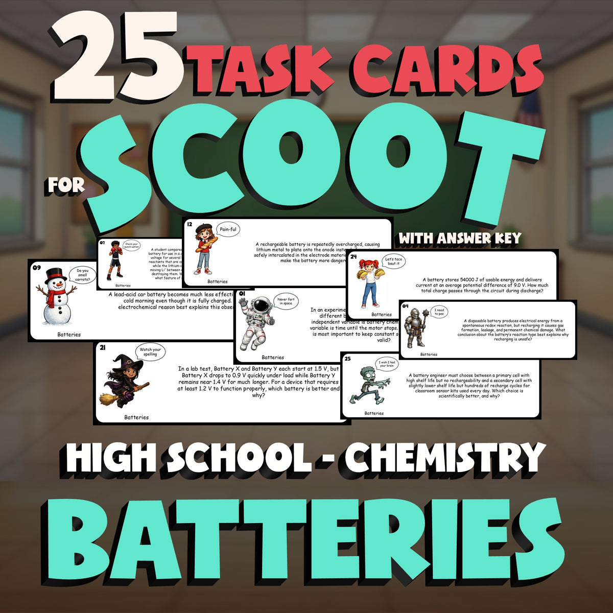 Batteries SCOOT TASK CARDS Science Game - No Prep Chemistry Review Activity