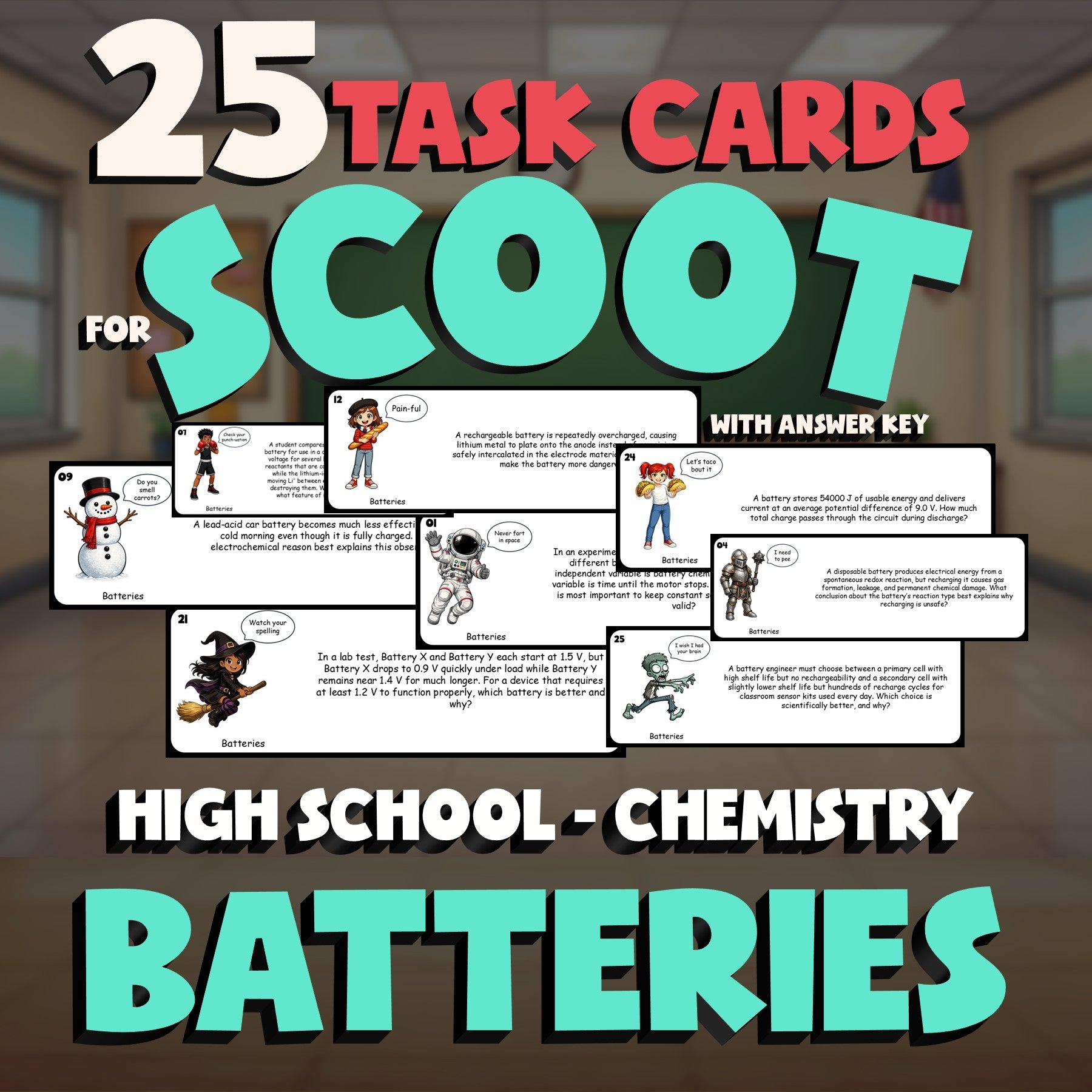 Batteries SCOOT TASK CARDS Science Game - No Prep Chemistry Review Activity