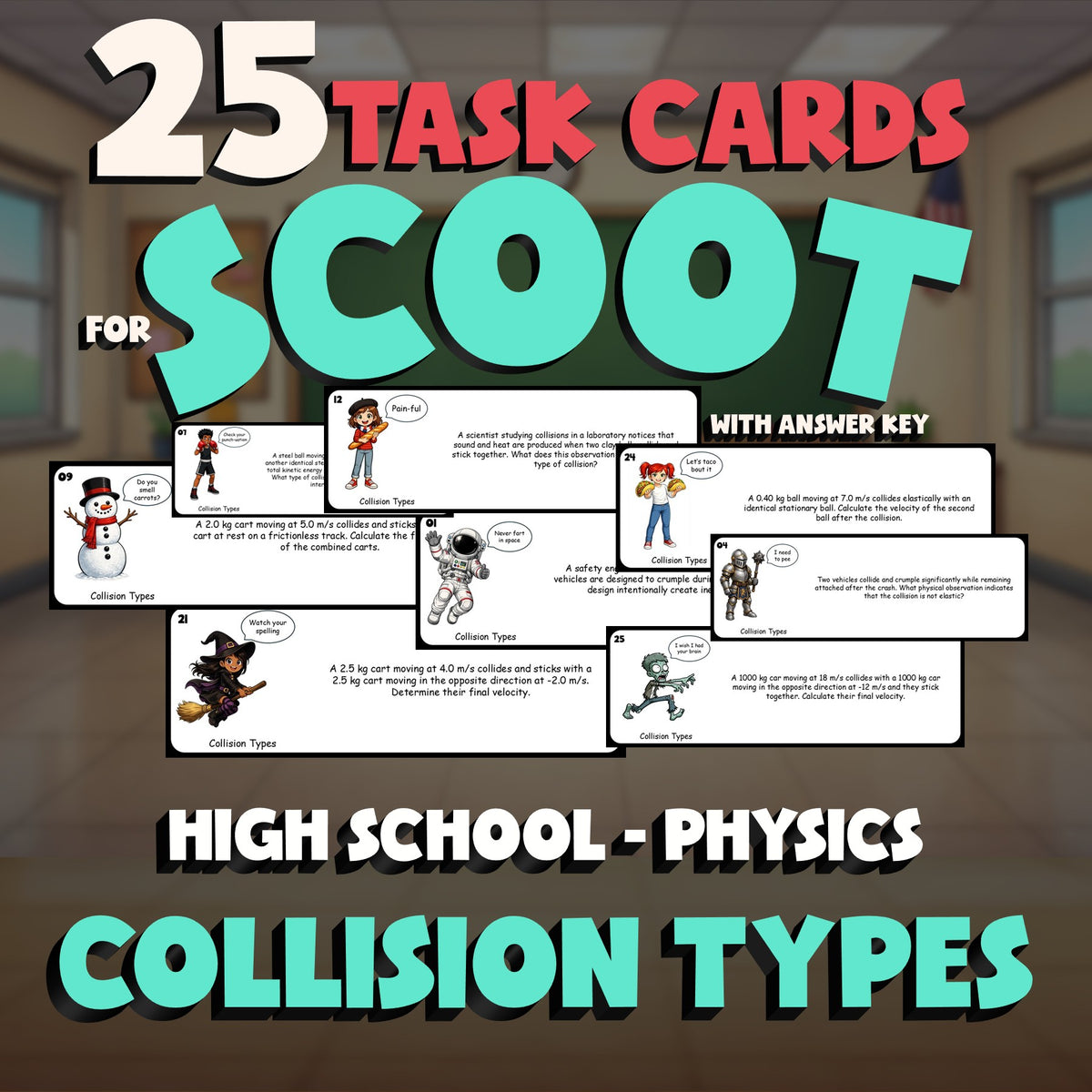 Collision Types SCOOT TASK CARDS Science Game - No Prep Physics Review Activity