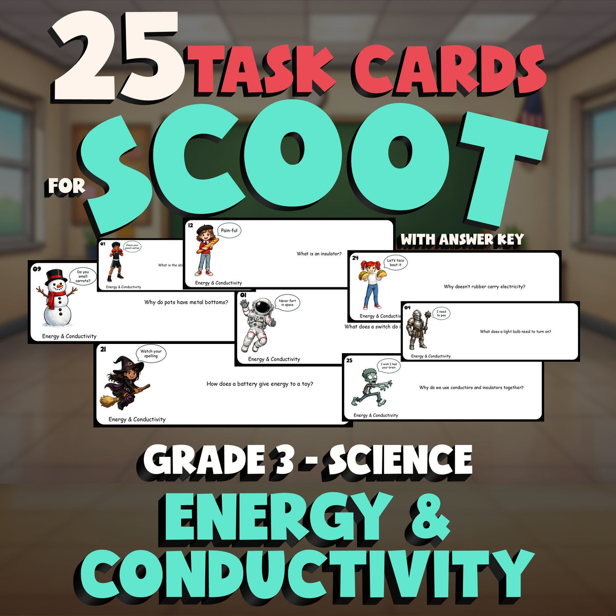Energy & Conductivity SCOOT TASK CARDS Science Game - No Prep Grade 3 Review