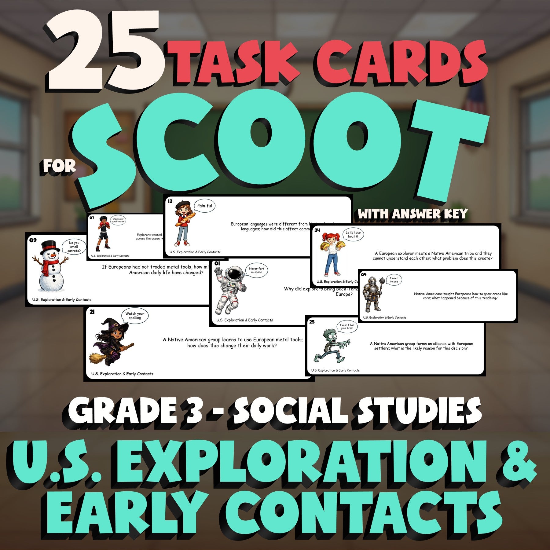U.S. Exploration & Early Contacts SCOOT TASK CARDS Socials Game - Grade 3