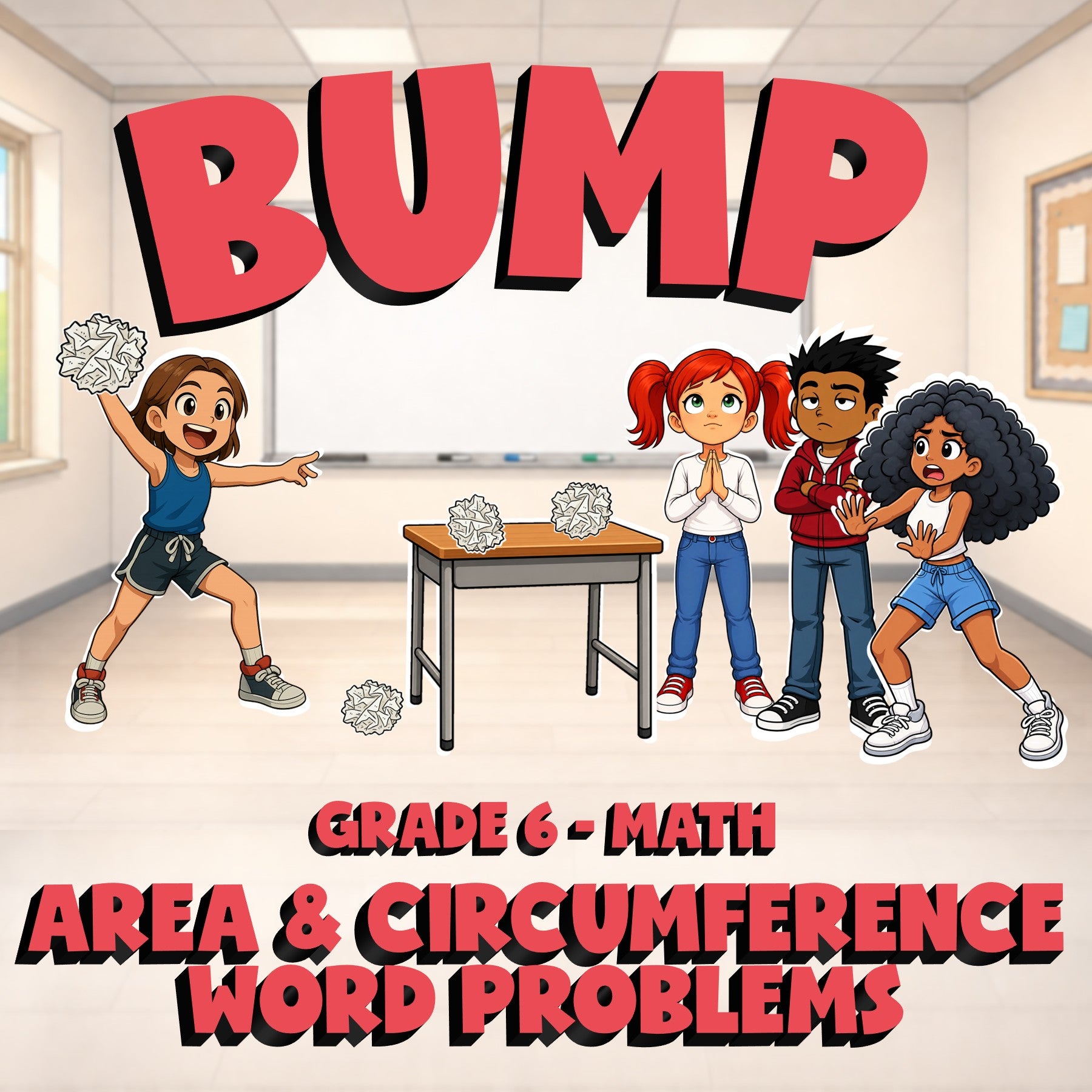Area & Circumference Word Problems BUMP Math Game - No Prep Grade 6 Review