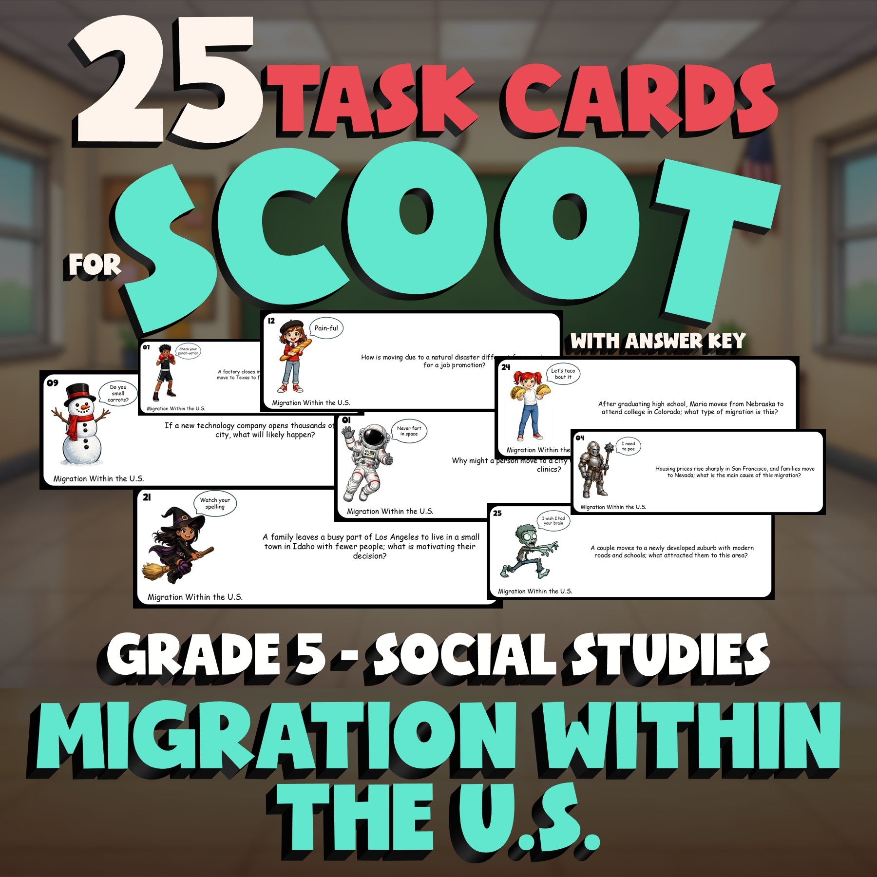 Migration Within the U.S. SCOOT TASK CARDS Socials Game - No Prep Grade 5 Review