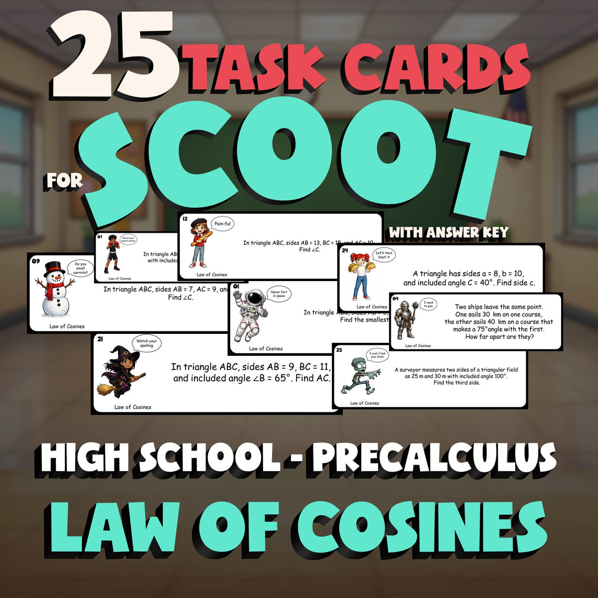 Law of Cosines SCOOT TASK CARDS Math Game - No Prep PreCalculus Review Activity