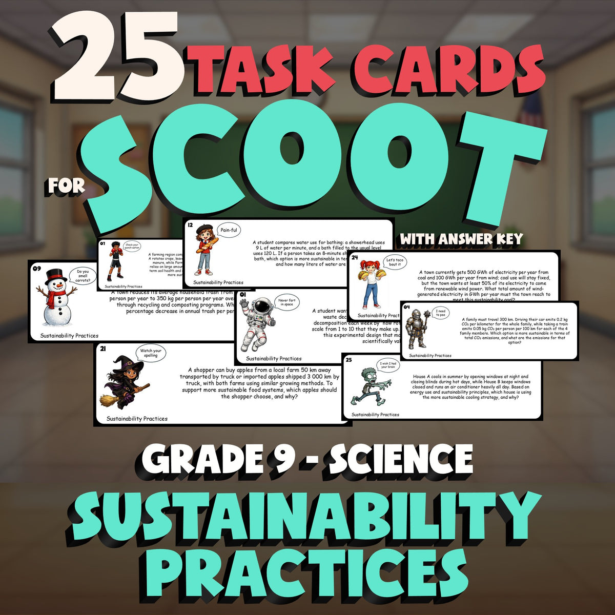 Sustainability Practices SCOOT TASK CARDS Science Game - No Prep Grade 9 Review