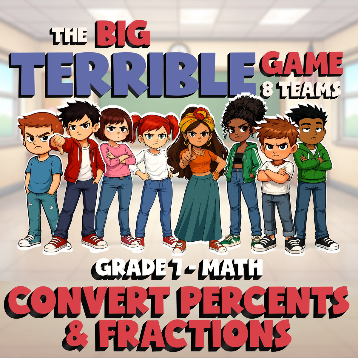 Convert Percents & Fractions BIG TERRIBLE GAME - No Prep Grade 7 Math Review