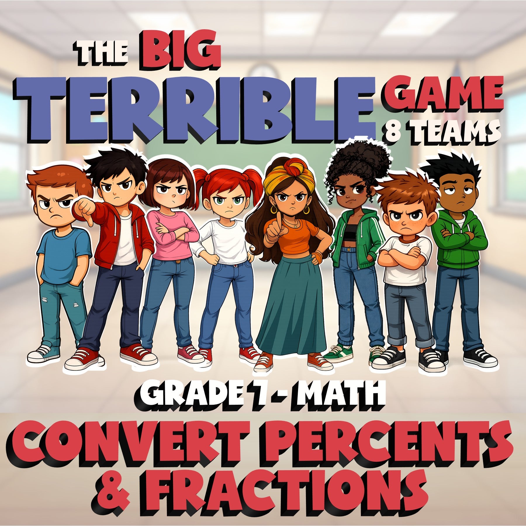 Convert Percents & Fractions BIG TERRIBLE GAME - No Prep Grade 7 Math Review