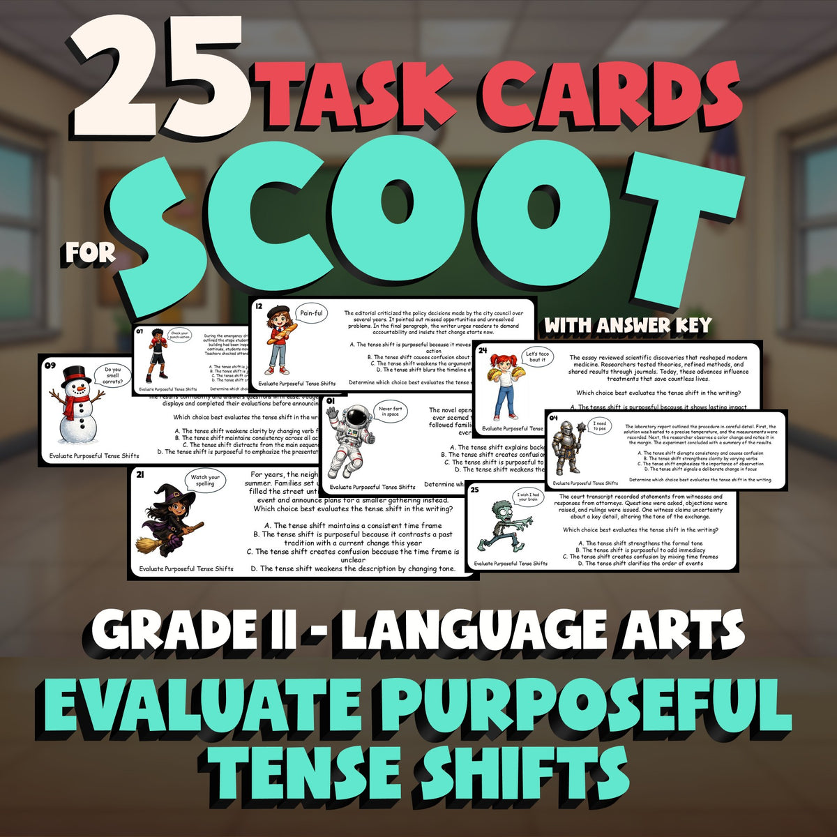 Evaluate Purposeful Tense Shifts SCOOT TASK CARDS ELA Game - No Prep Grade 11