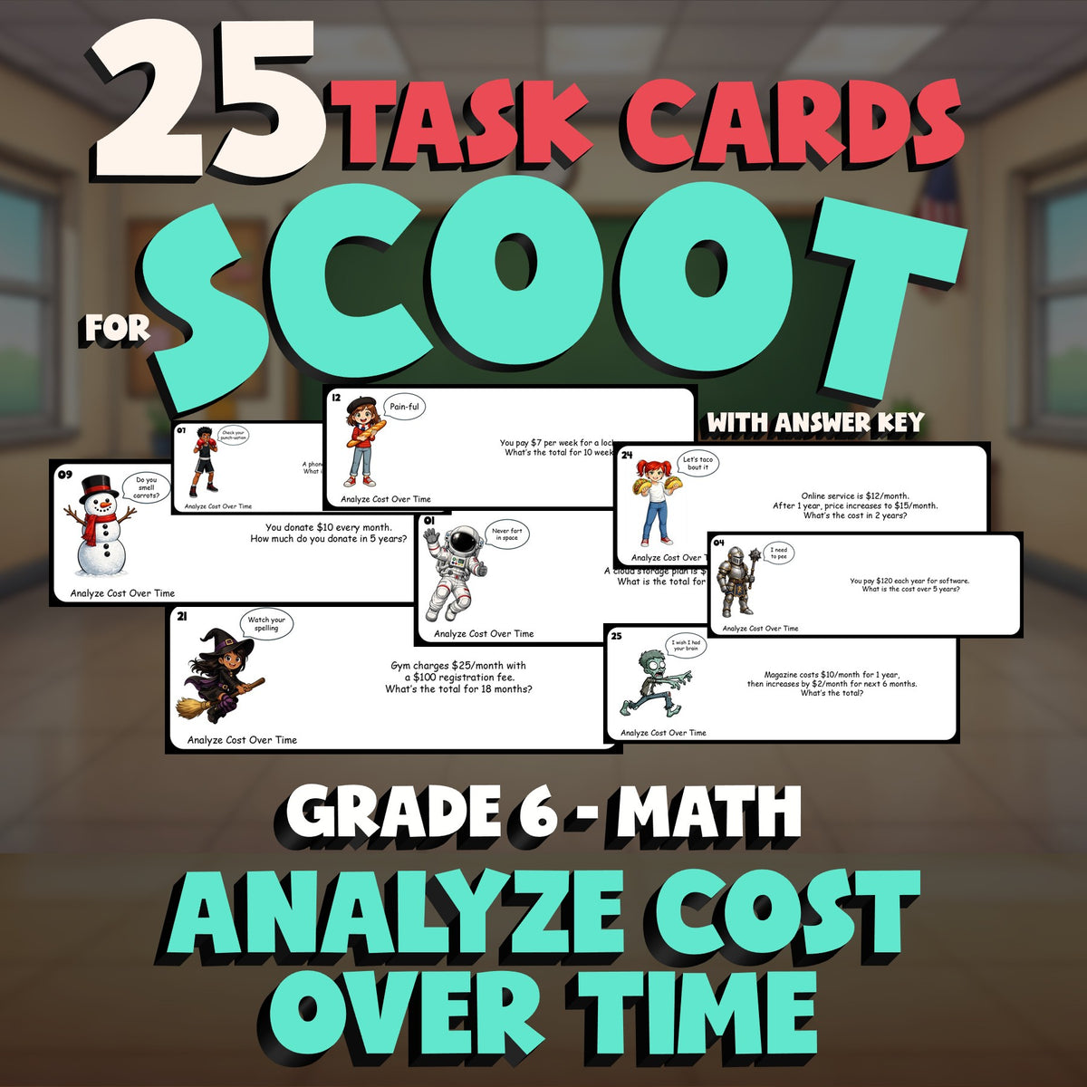 Analyze Cost Over Time SCOOT TASK CARDS Math Game - No Prep Grade 6 Review