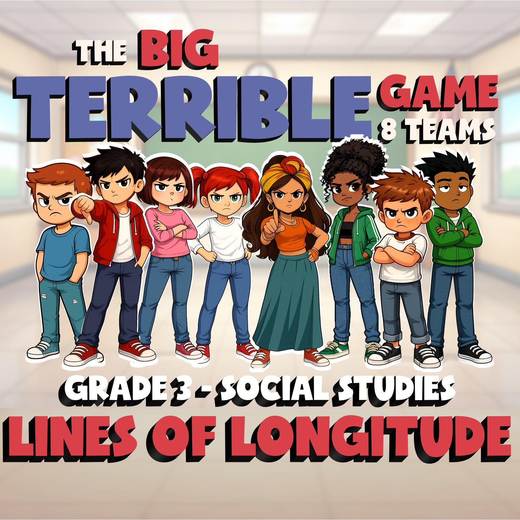 Lines of Longitude BIG TERRIBLE GAME - No Prep Grade 3 Socials Review Activity